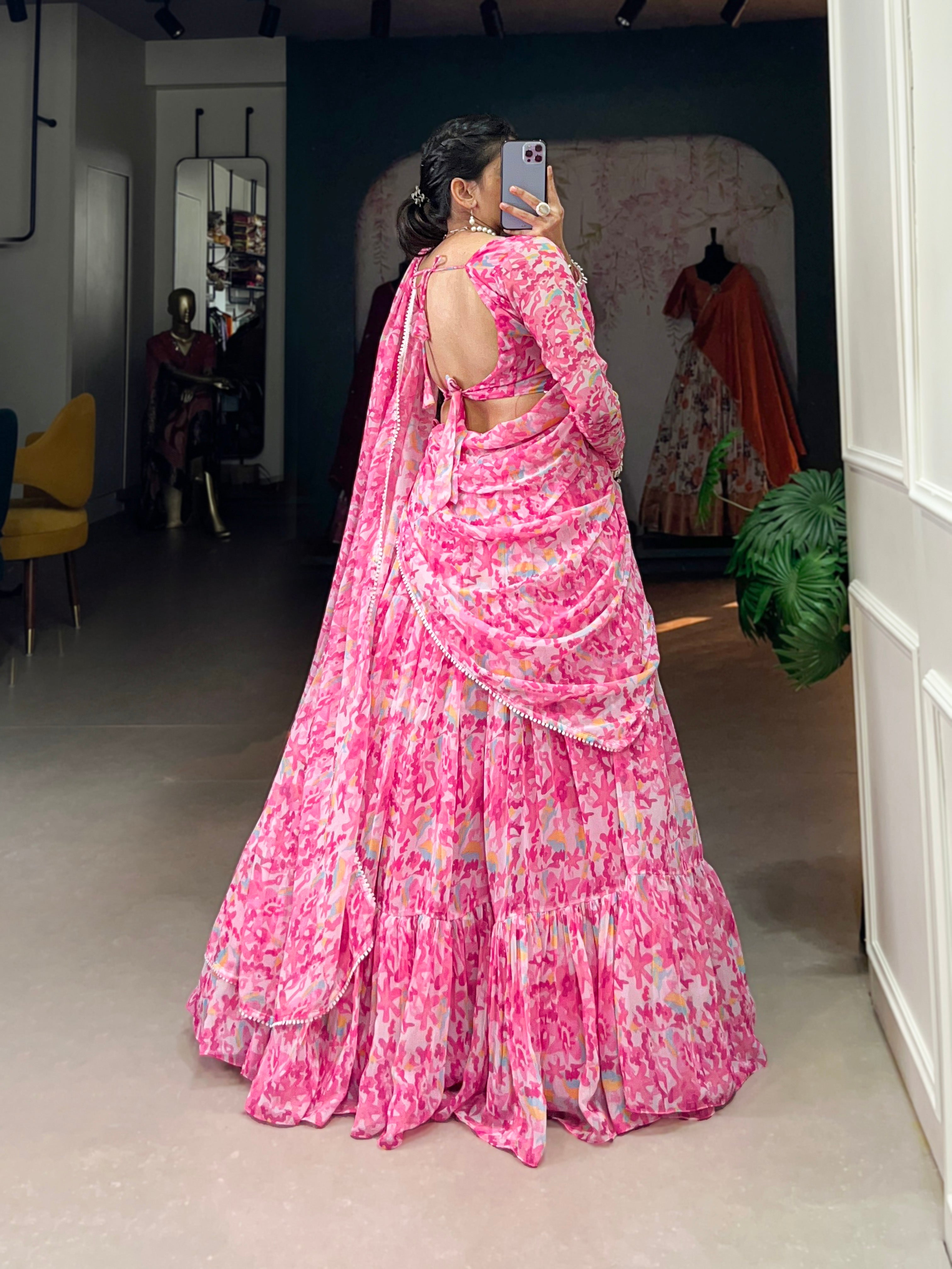 Pink Elegant Georgette Lehenga Set with Printed Design & Lace Touch-Up