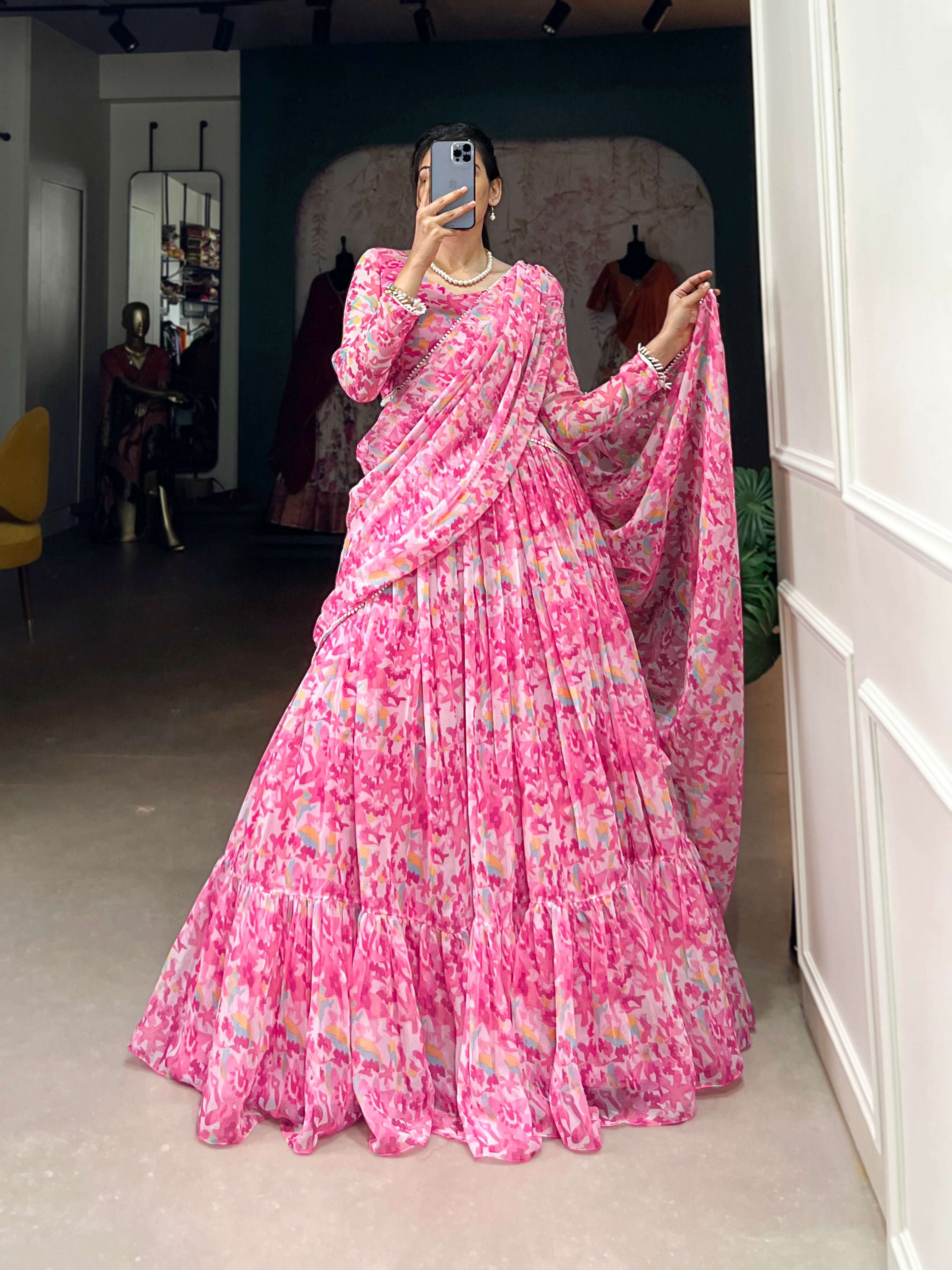 Pink Elegant Georgette Lehenga Set with Printed Design & Lace Touch-Up