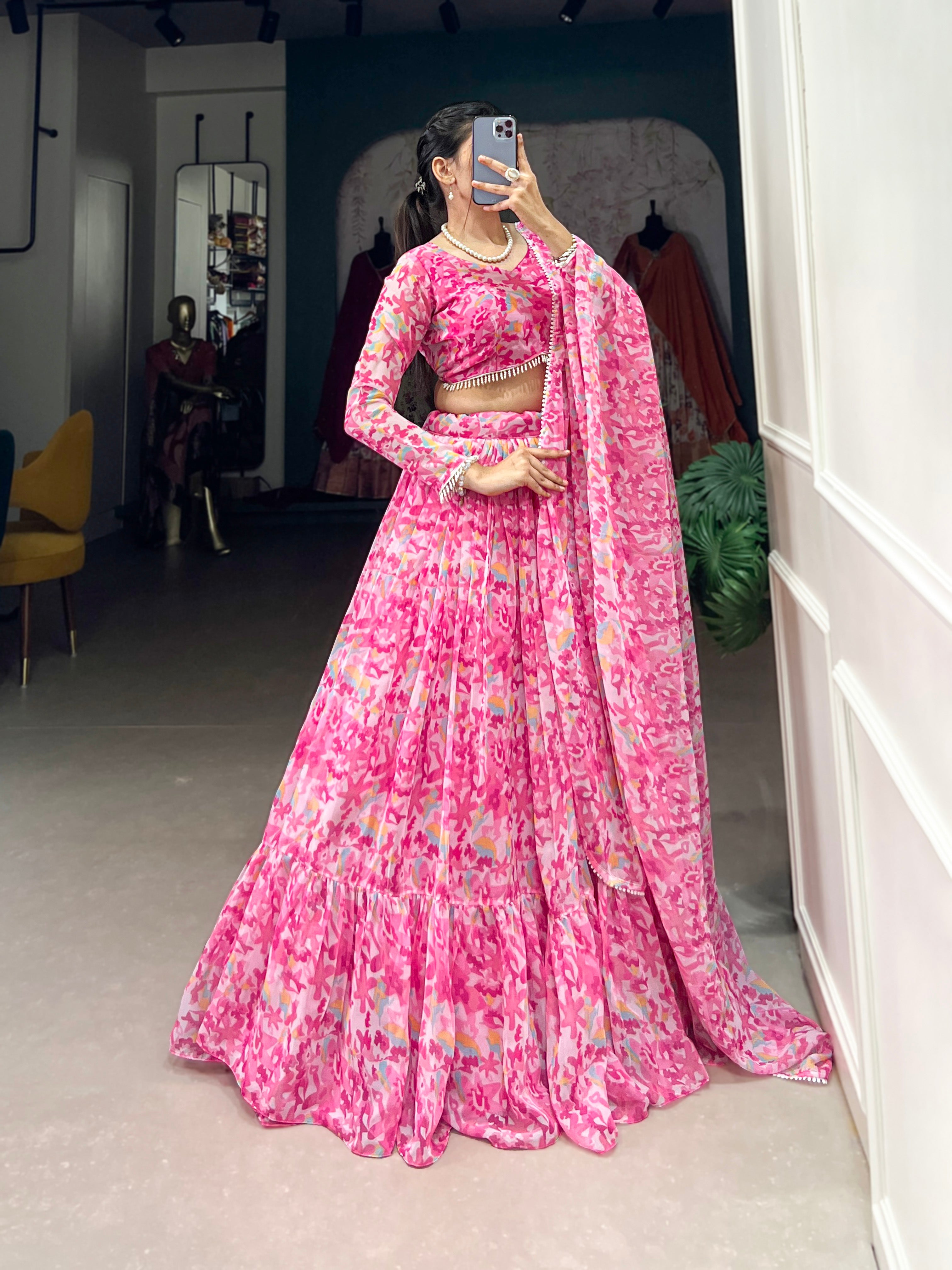 Pink Elegant Georgette Lehenga Set with Printed Design & Lace Touch-Up