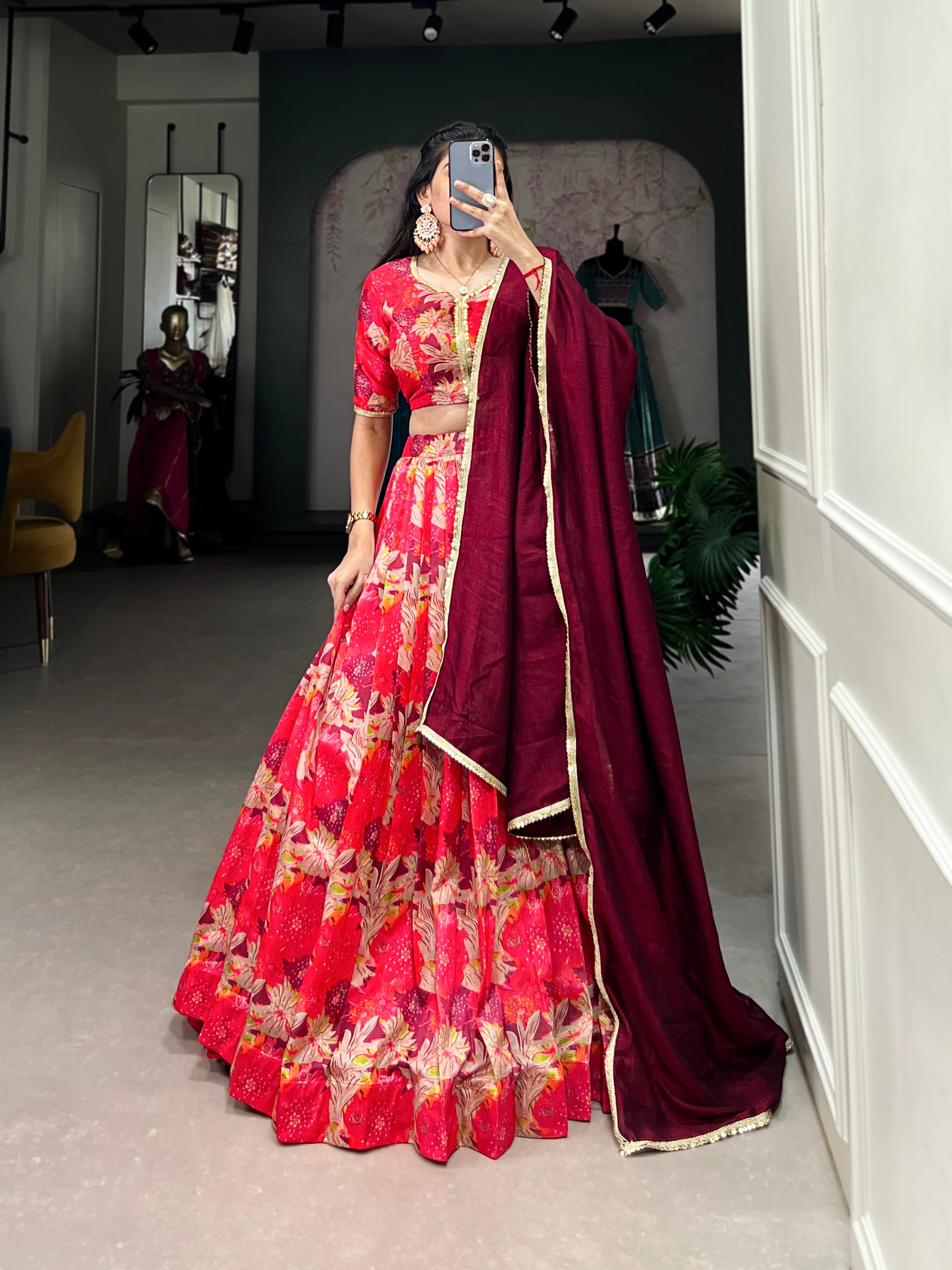 Tussar Silk Pink Ceremonial Wear Printed Readymade Lehenga Choli