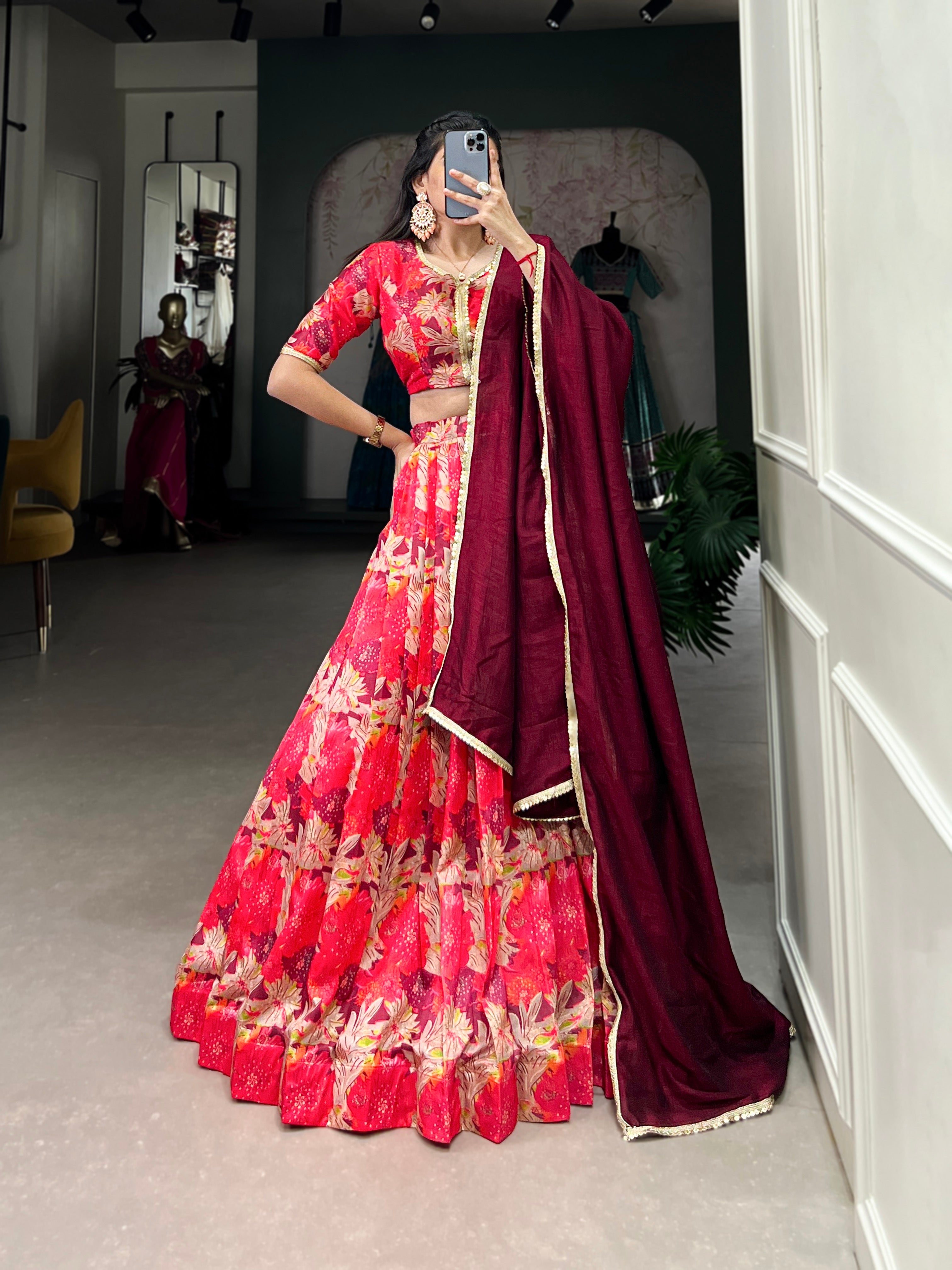 Tussar Silk Pink Ceremonial Wear Printed Readymade Lehenga Choli