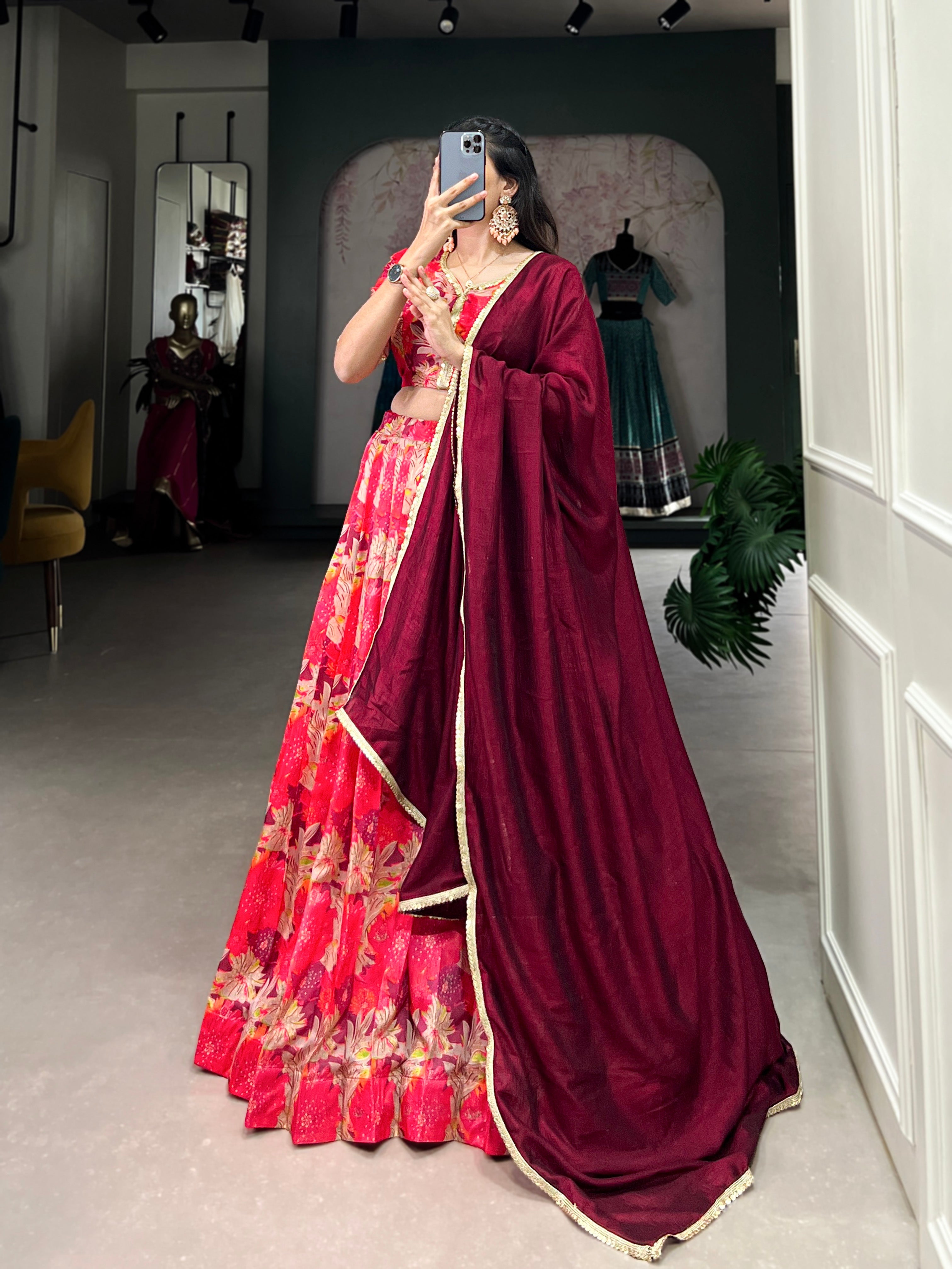 Tussar Silk Pink Ceremonial Wear Printed Readymade Lehenga Choli
