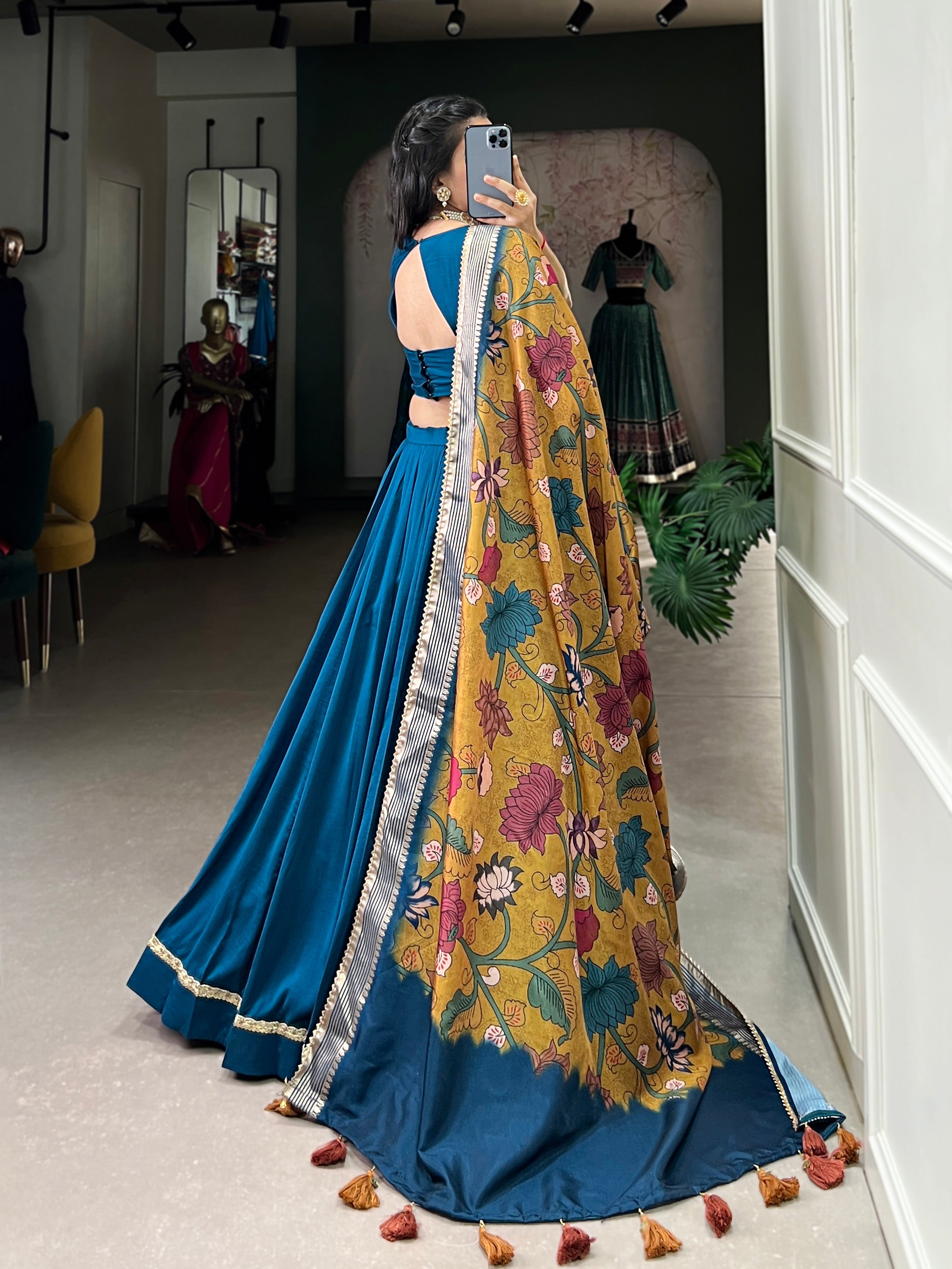 Firozi Color Pure Chinon Silk Plain Lehenga Choli
