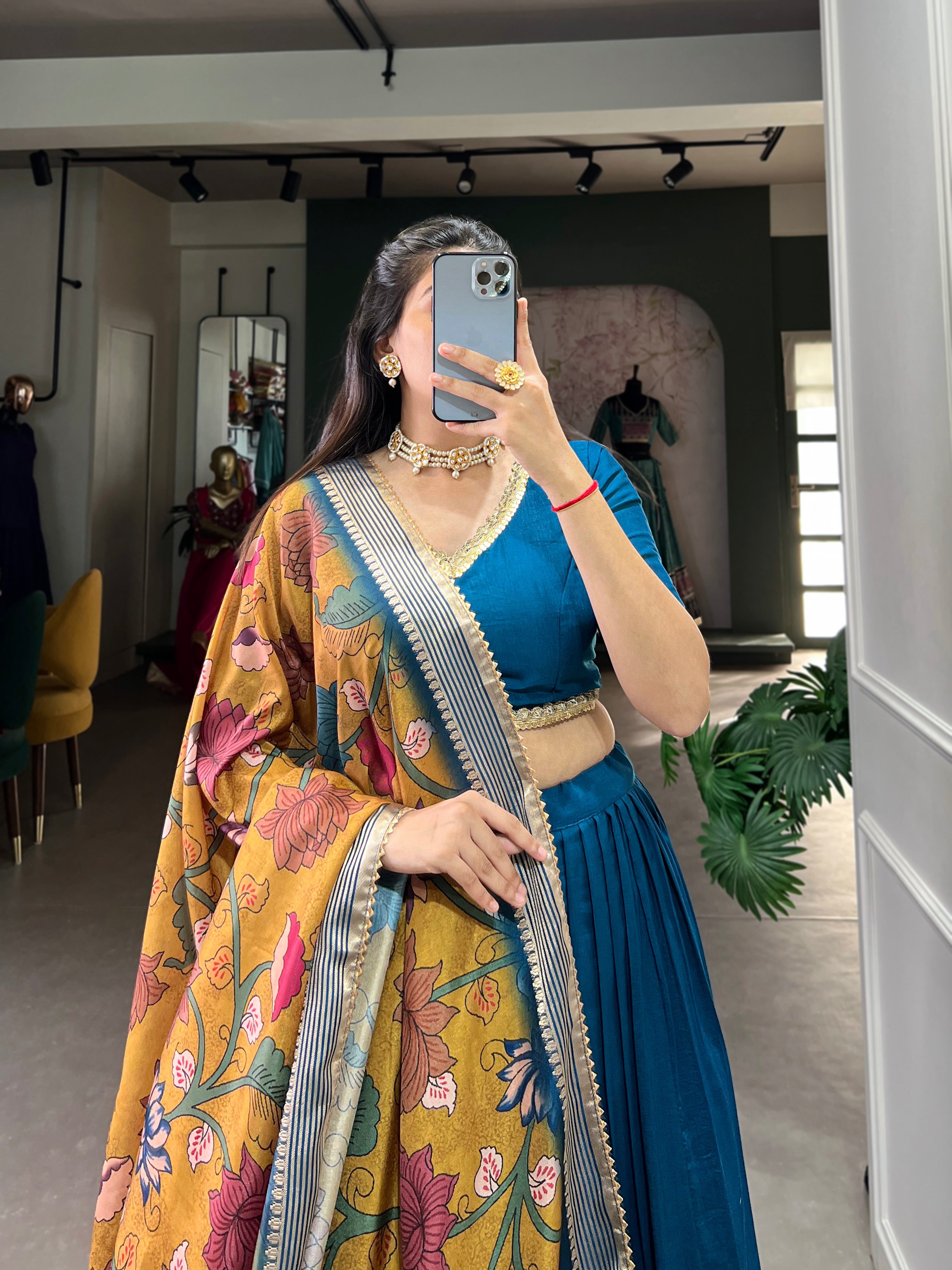 Firozi Color Pure Chinon Silk Plain Lehenga Choli