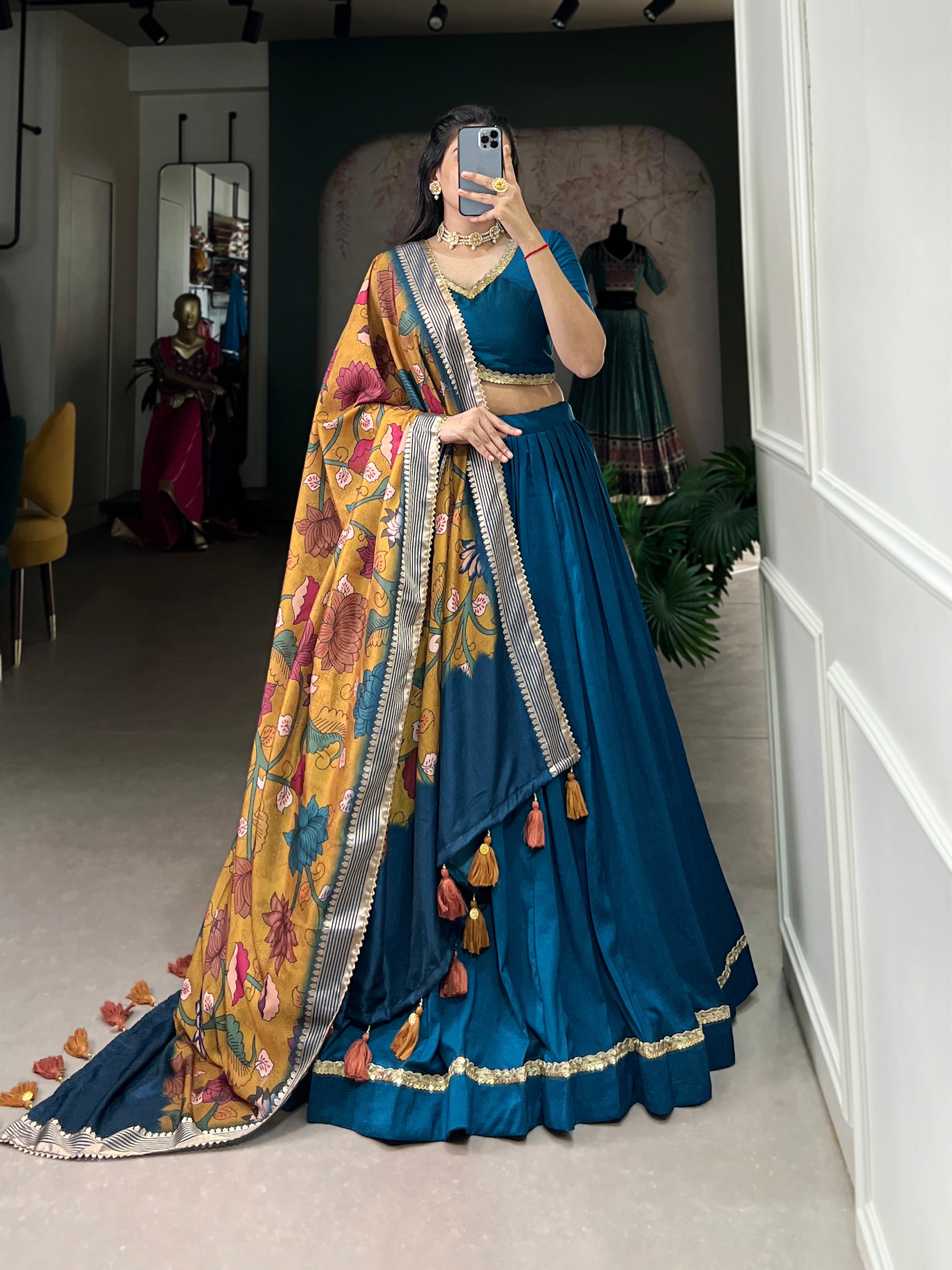 Firozi Color Pure Chinon Silk Plain Lehenga Choli
