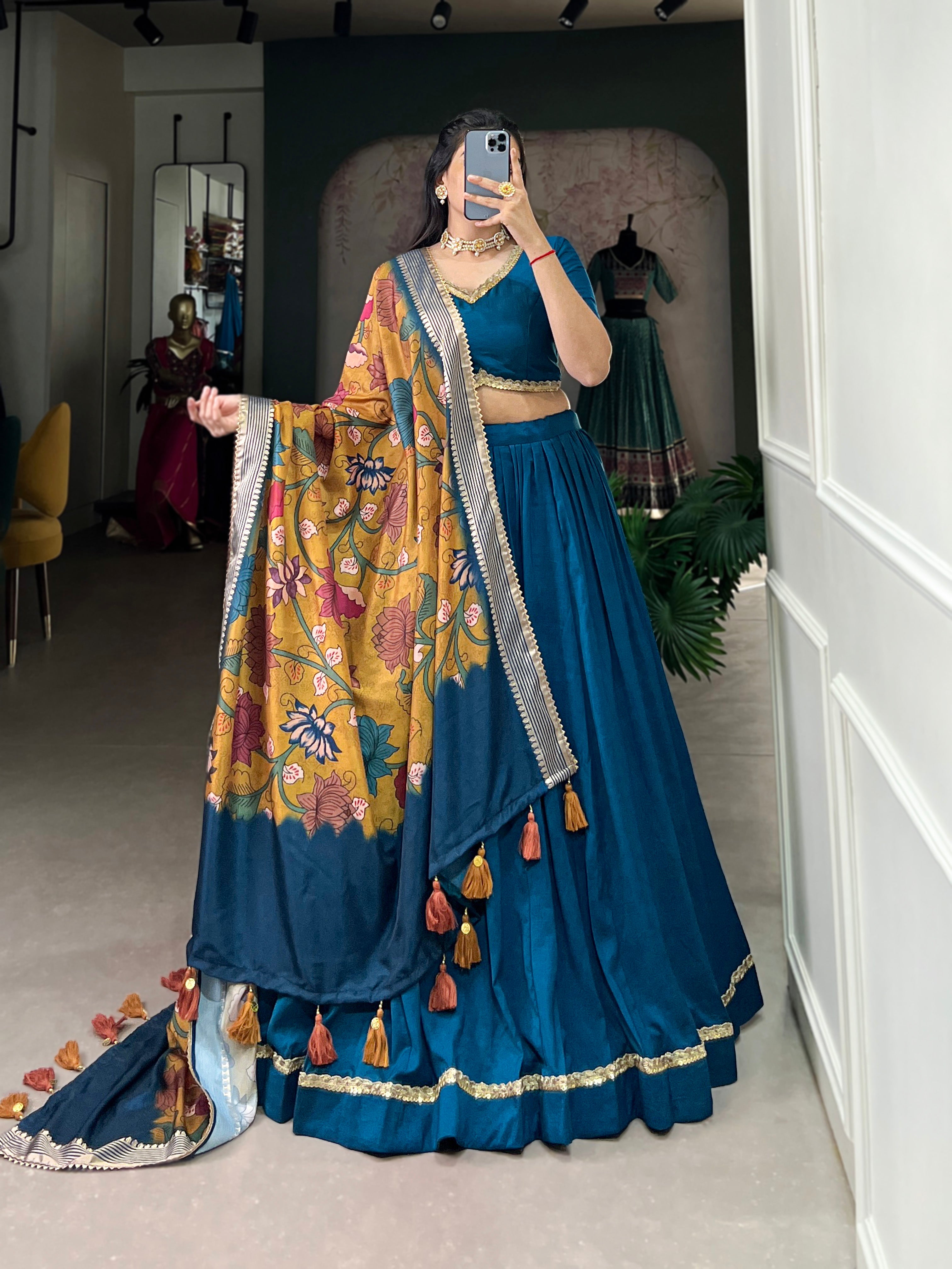 Firozi Color Pure Chinon Silk Plain Lehenga Choli