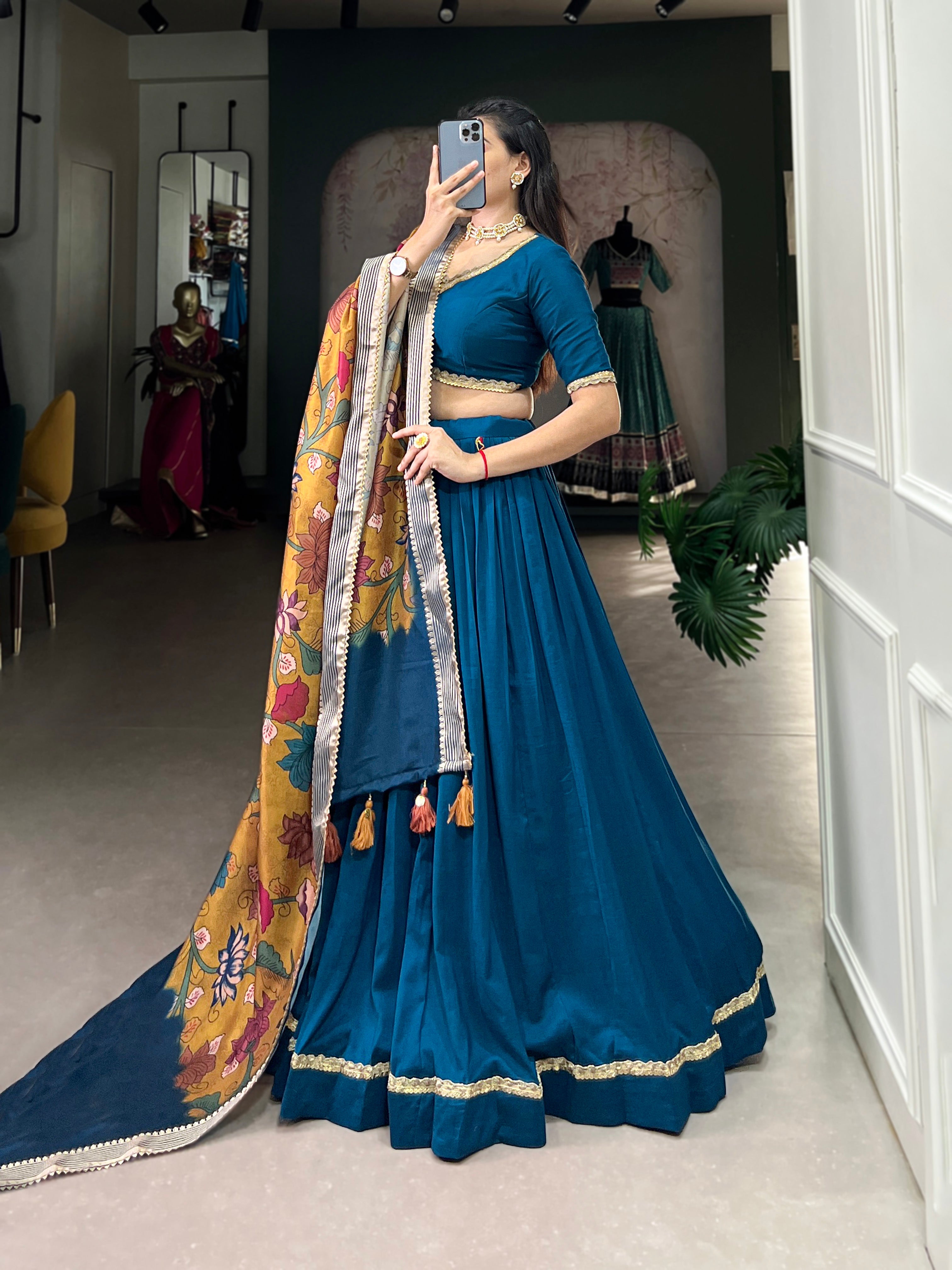 Firozi Color Pure Chinon Silk Plain Lehenga Choli