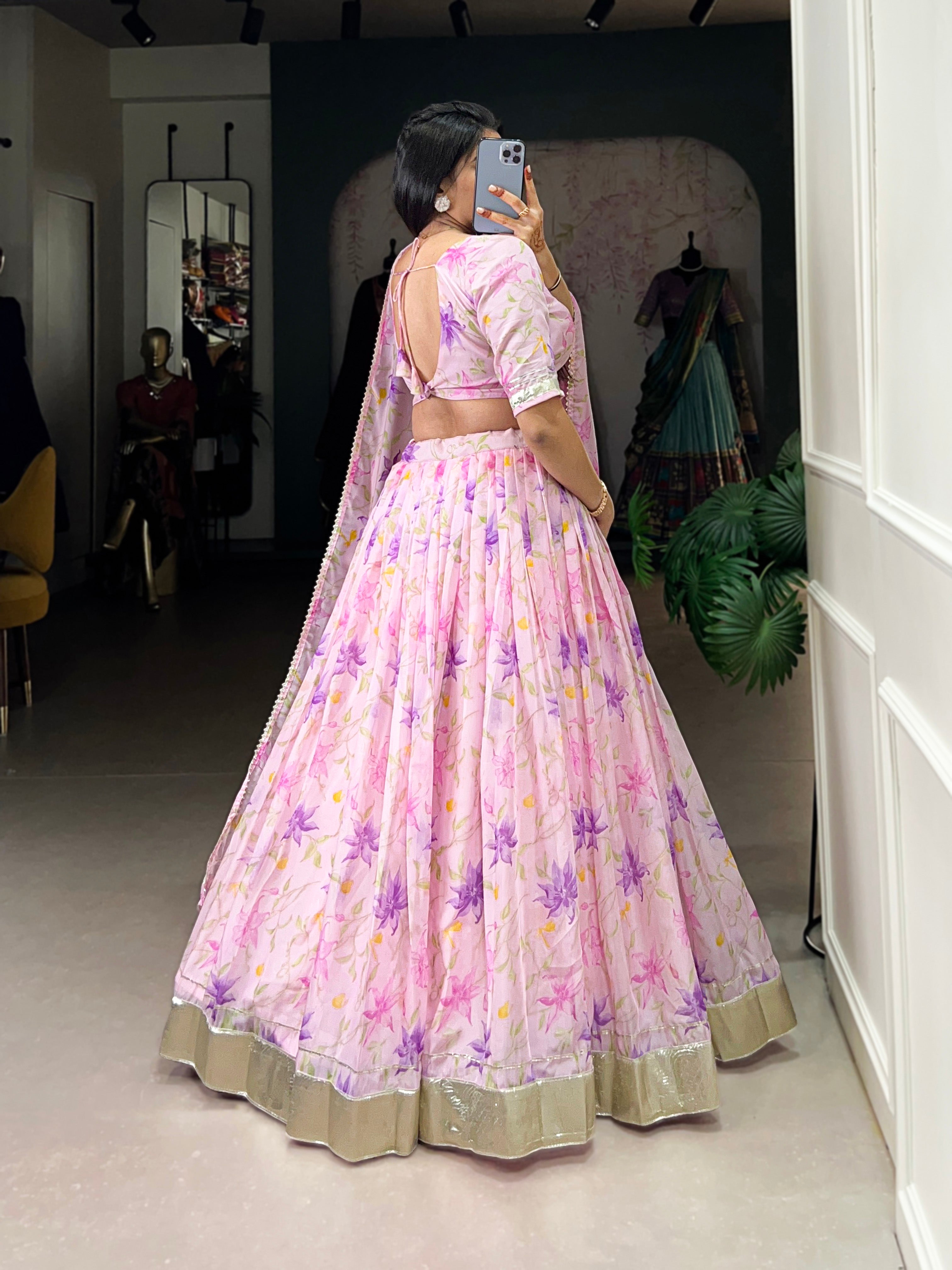 Floral Printed Tabby Silk Half Saree Bridesmaid Lehenga