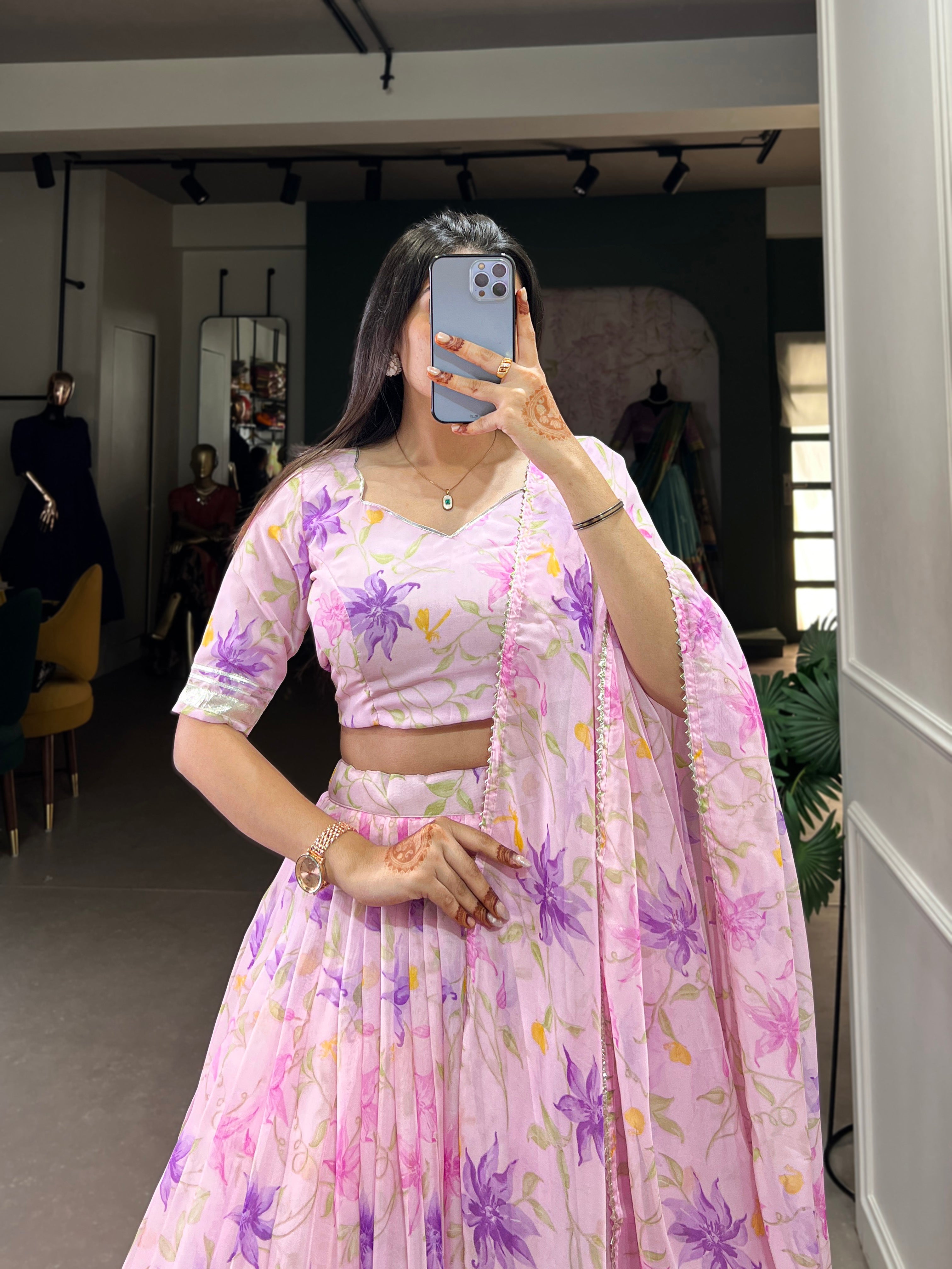 Floral Printed Tabby Silk Half Saree Bridesmaid Lehenga
