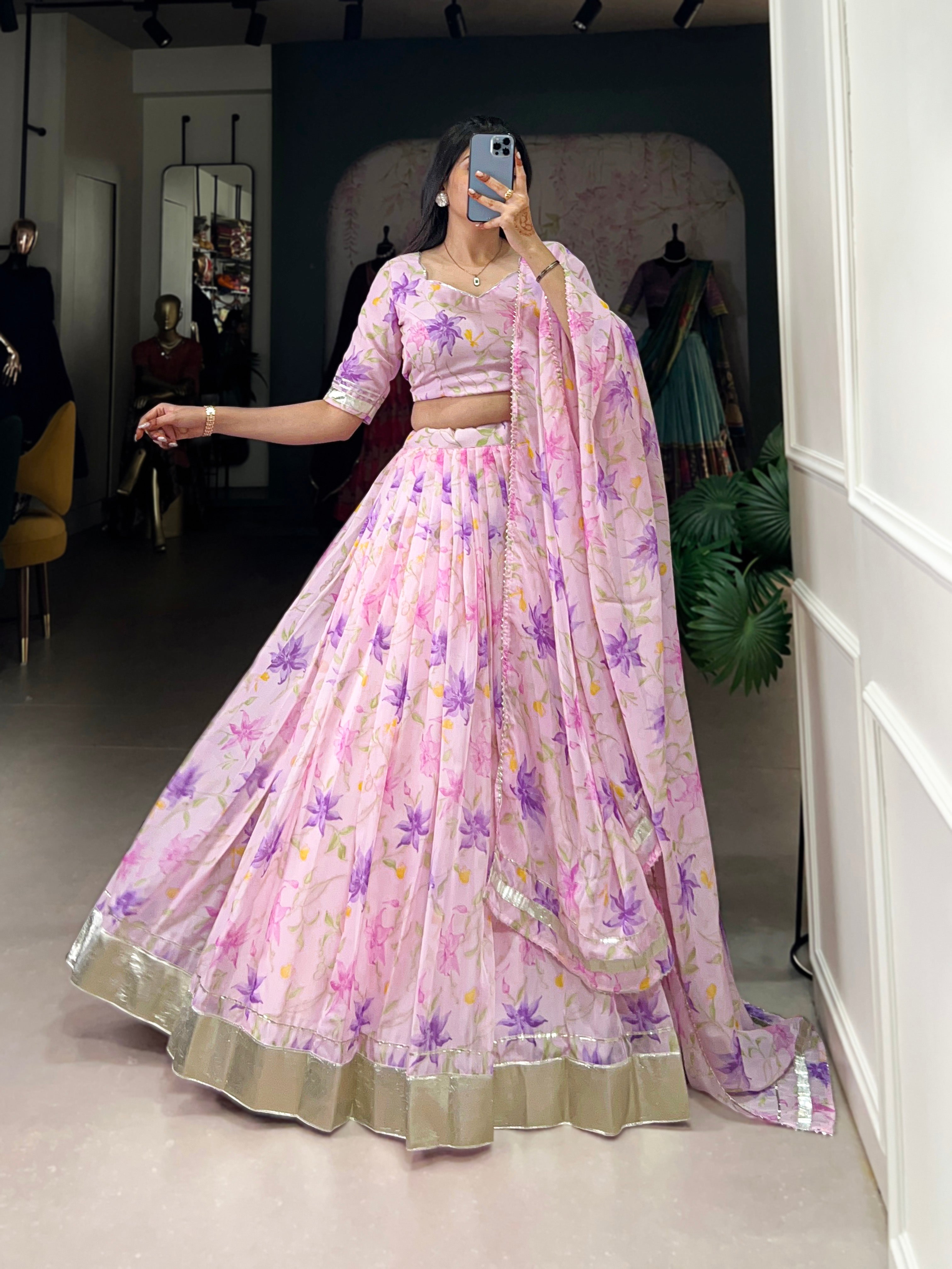 Floral Printed Tabby Silk Half Saree Bridesmaid Lehenga
