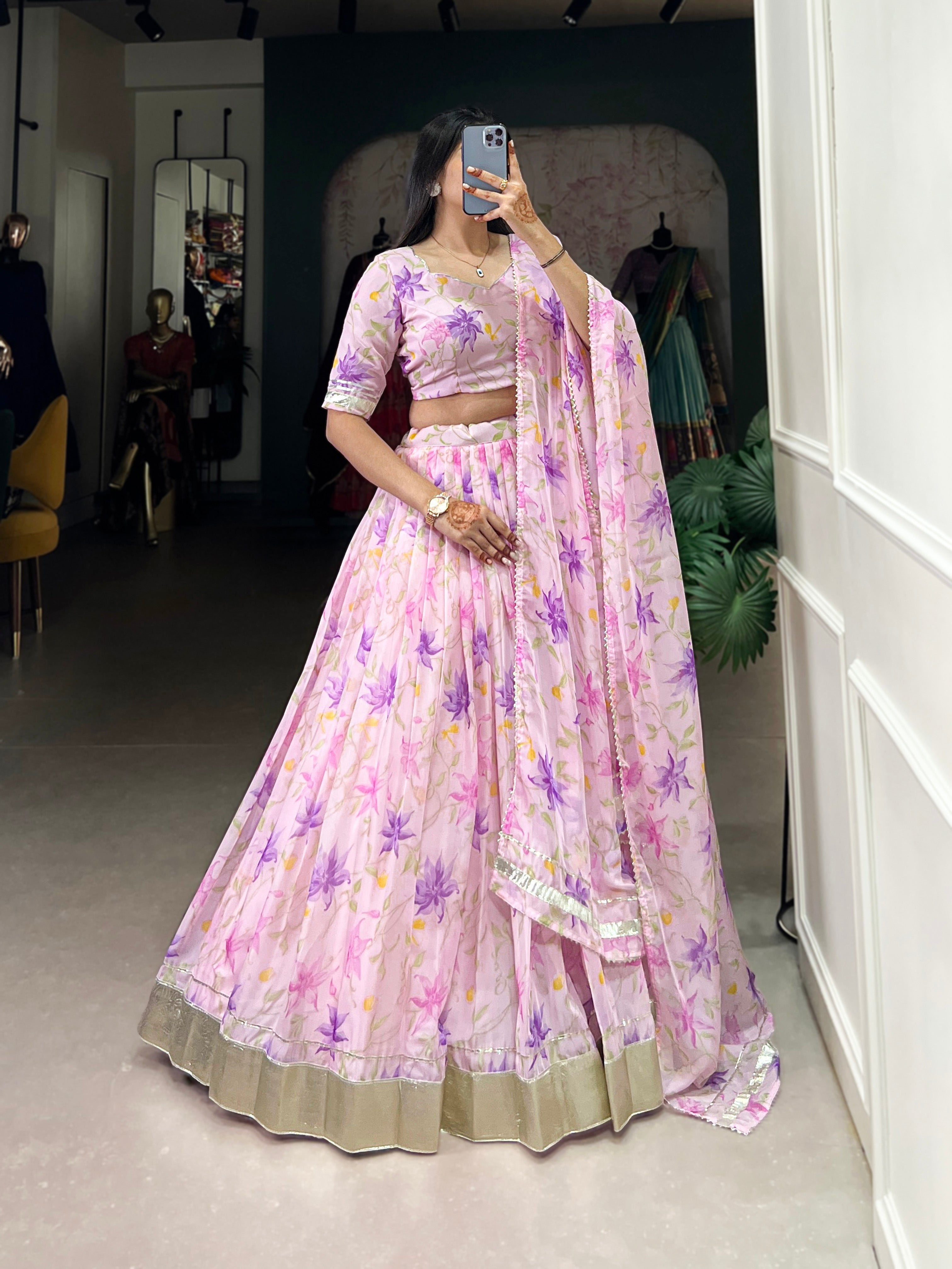 Floral Printed Tabby Silk Half Saree Bridesmaid Lehenga