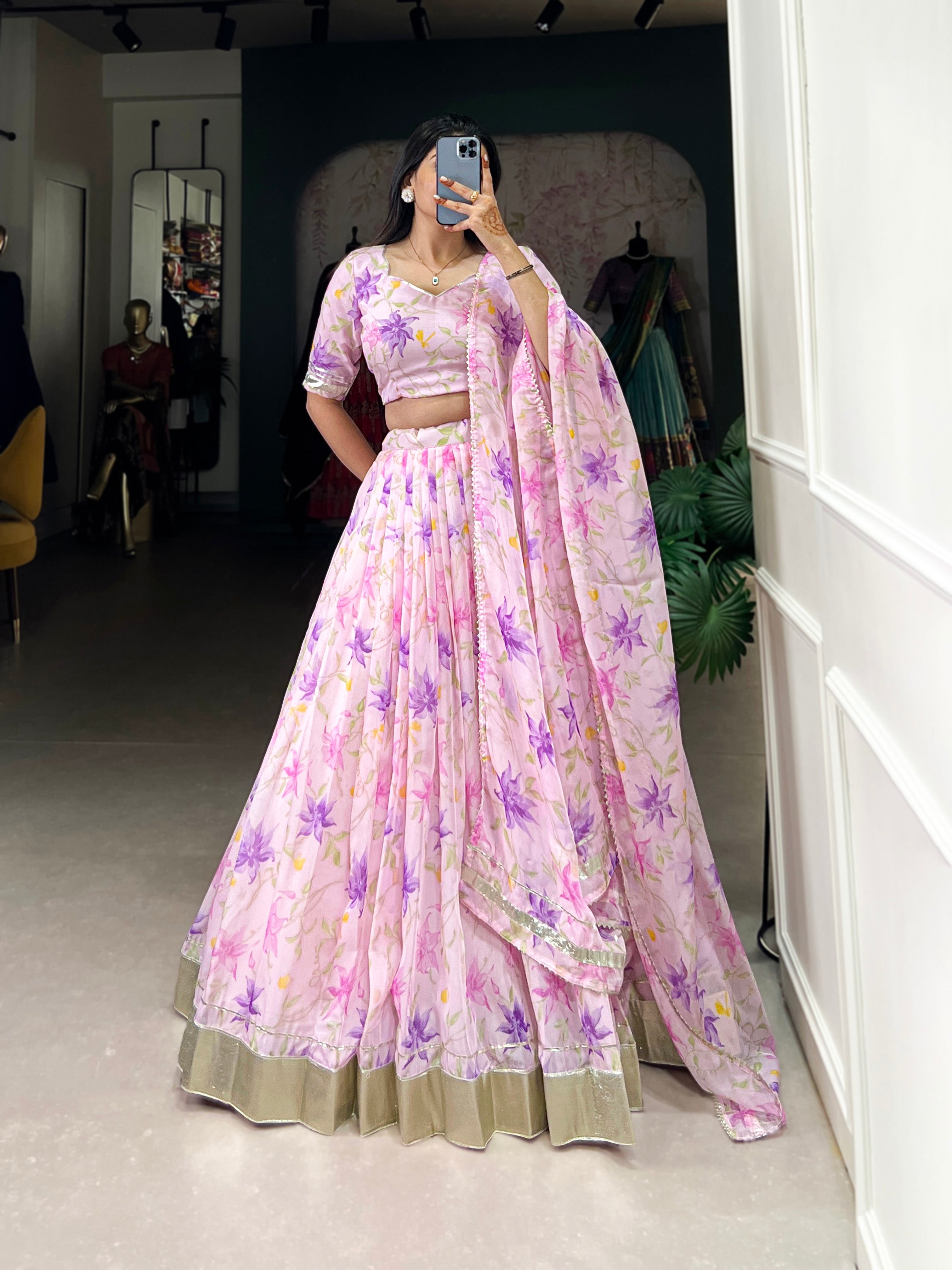 Floral Printed Tabby Silk Half Saree Bridesmaid Lehenga