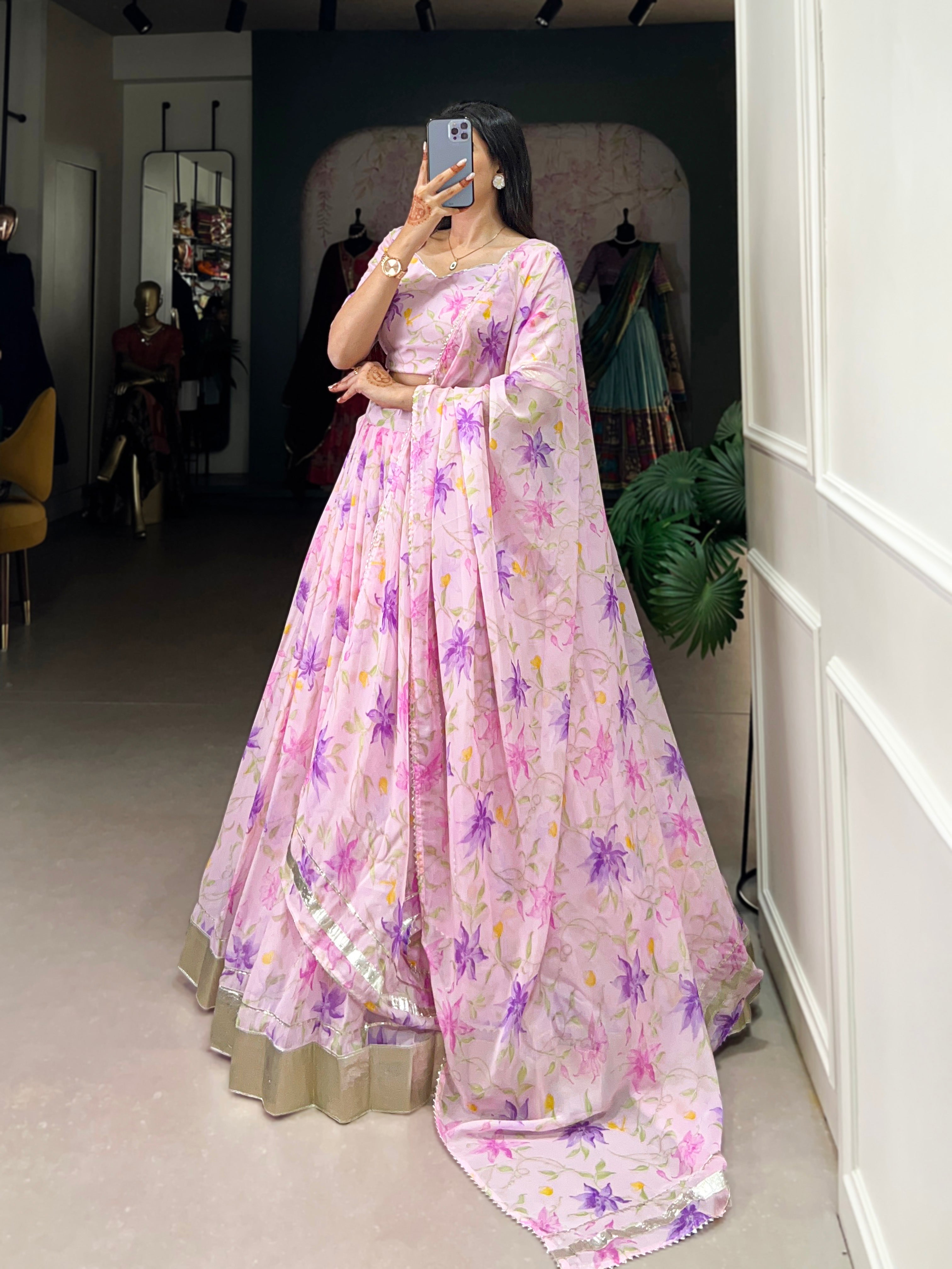 Floral Printed Tabby Silk Half Saree Bridesmaid Lehenga