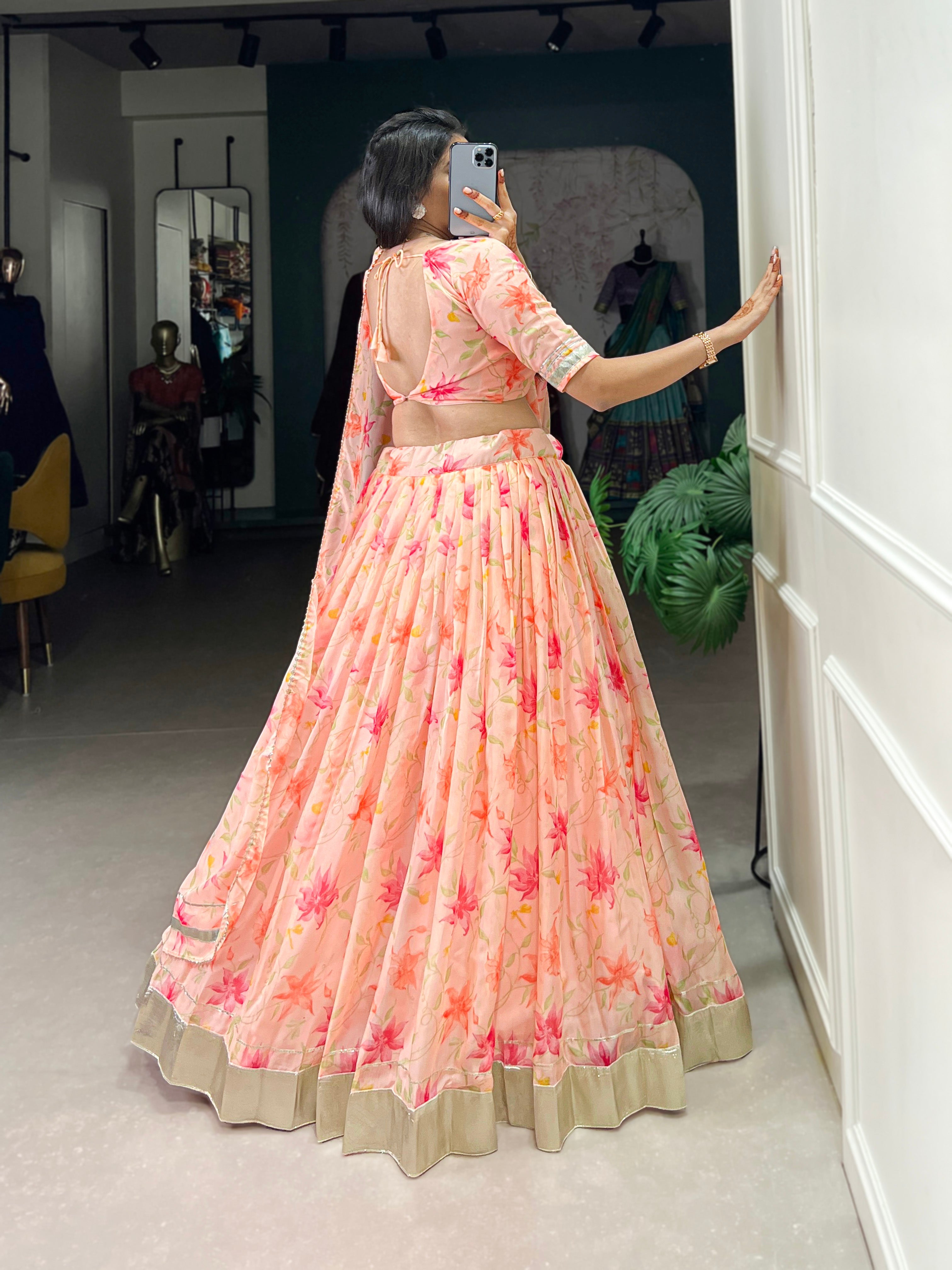 Floral Printed Tabby Silk Half Saree Bridesmaid Lehenga