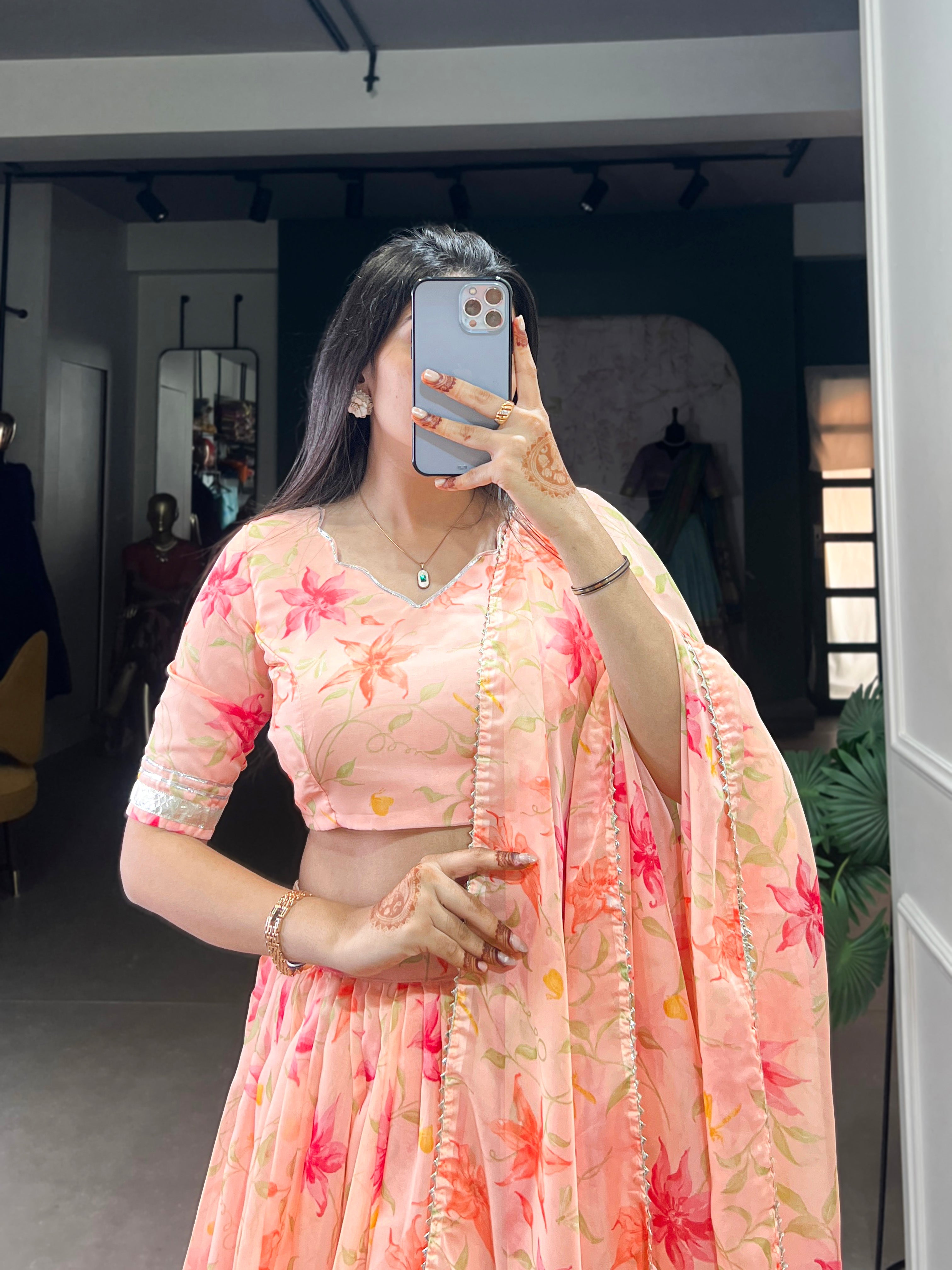 Floral Printed Tabby Silk Half Saree Bridesmaid Lehenga