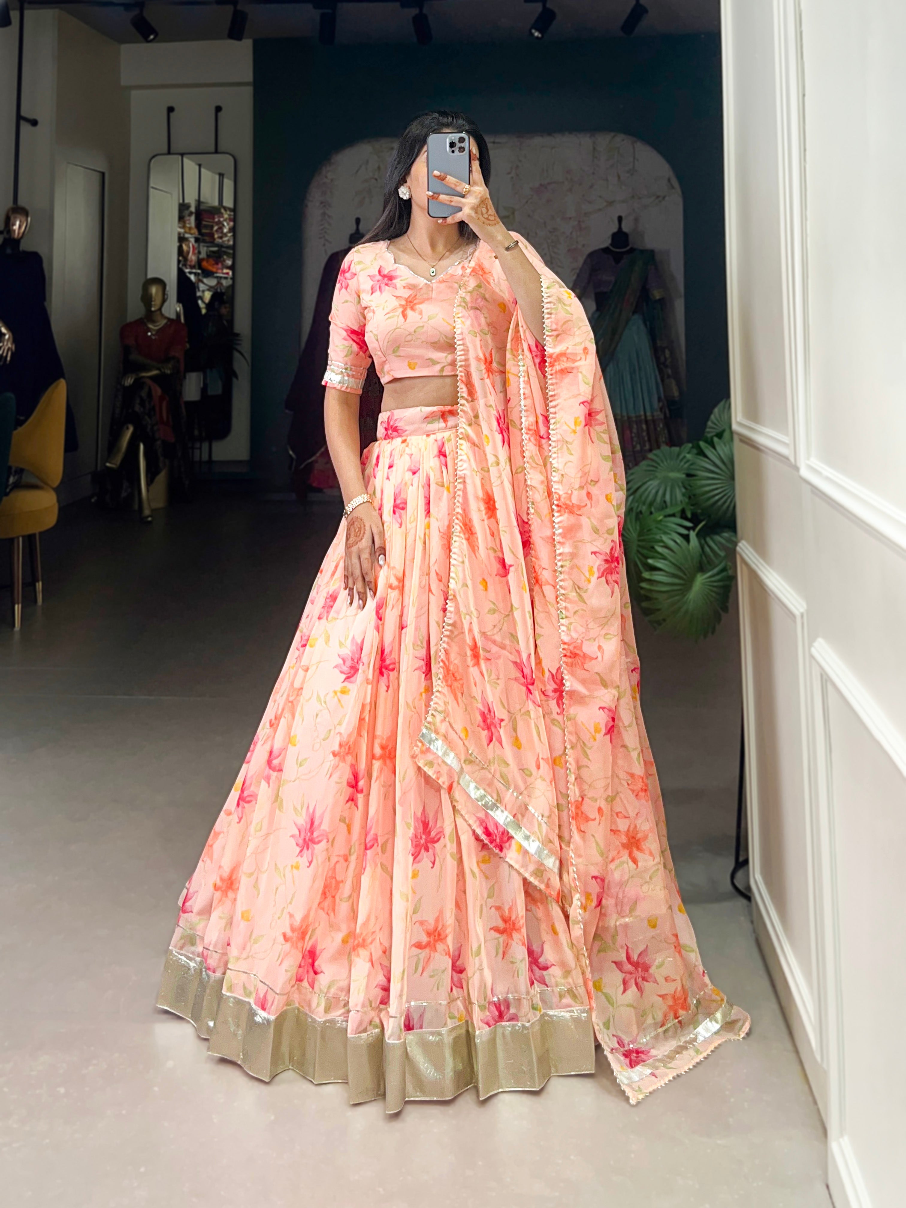 Floral Printed Tabby Silk Half Saree Bridesmaid Lehenga