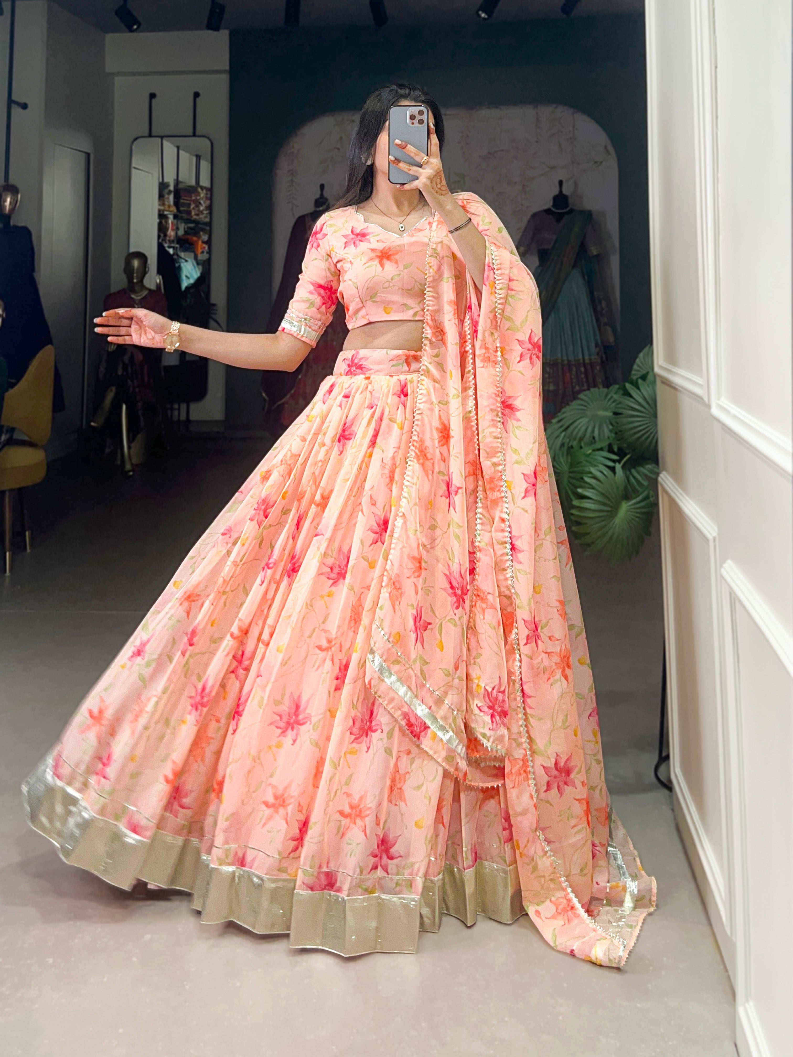 Floral Printed Tabby Silk Half Saree Bridesmaid Lehenga