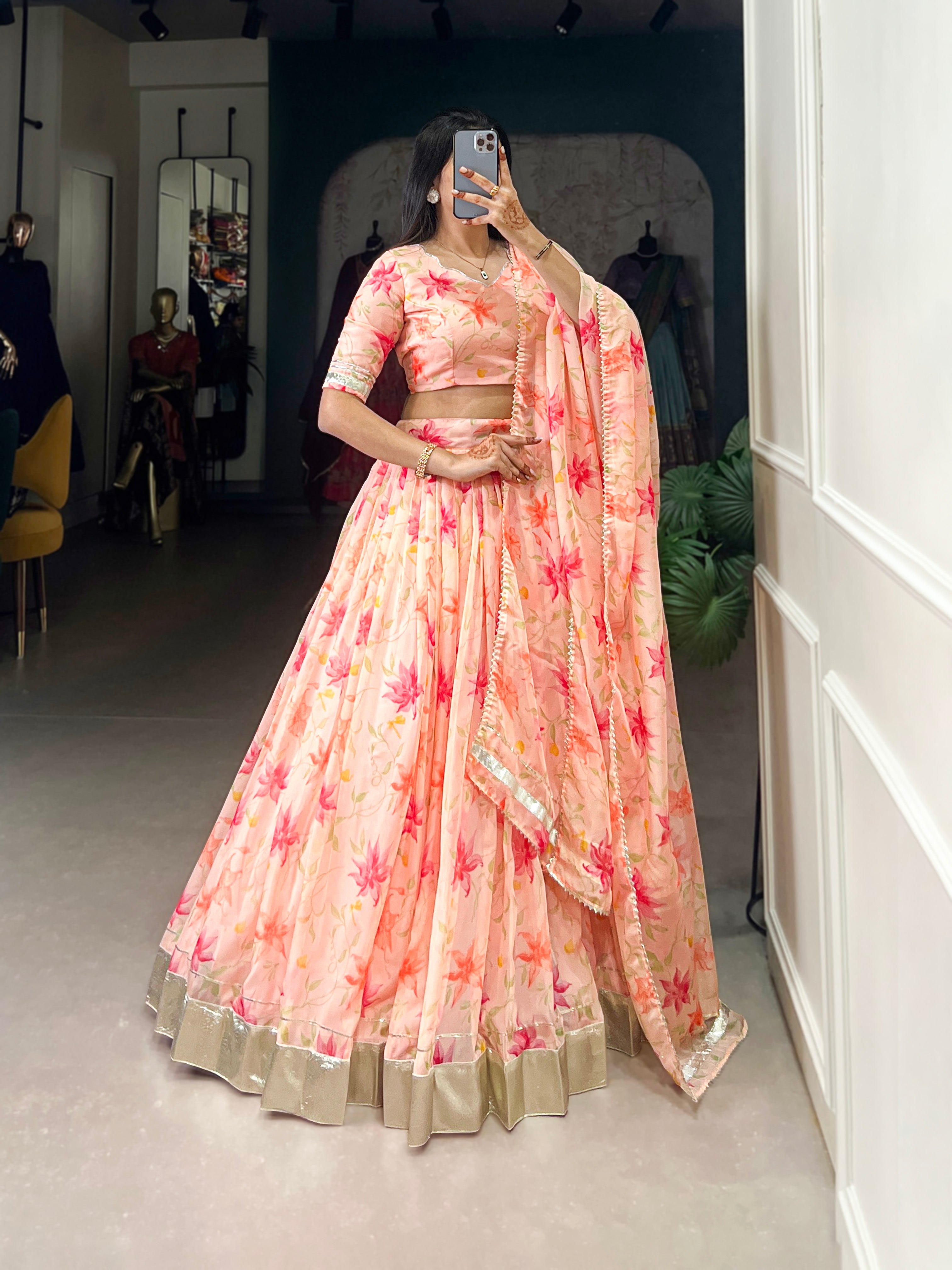 Floral Printed Tabby Silk Half Saree Bridesmaid Lehenga