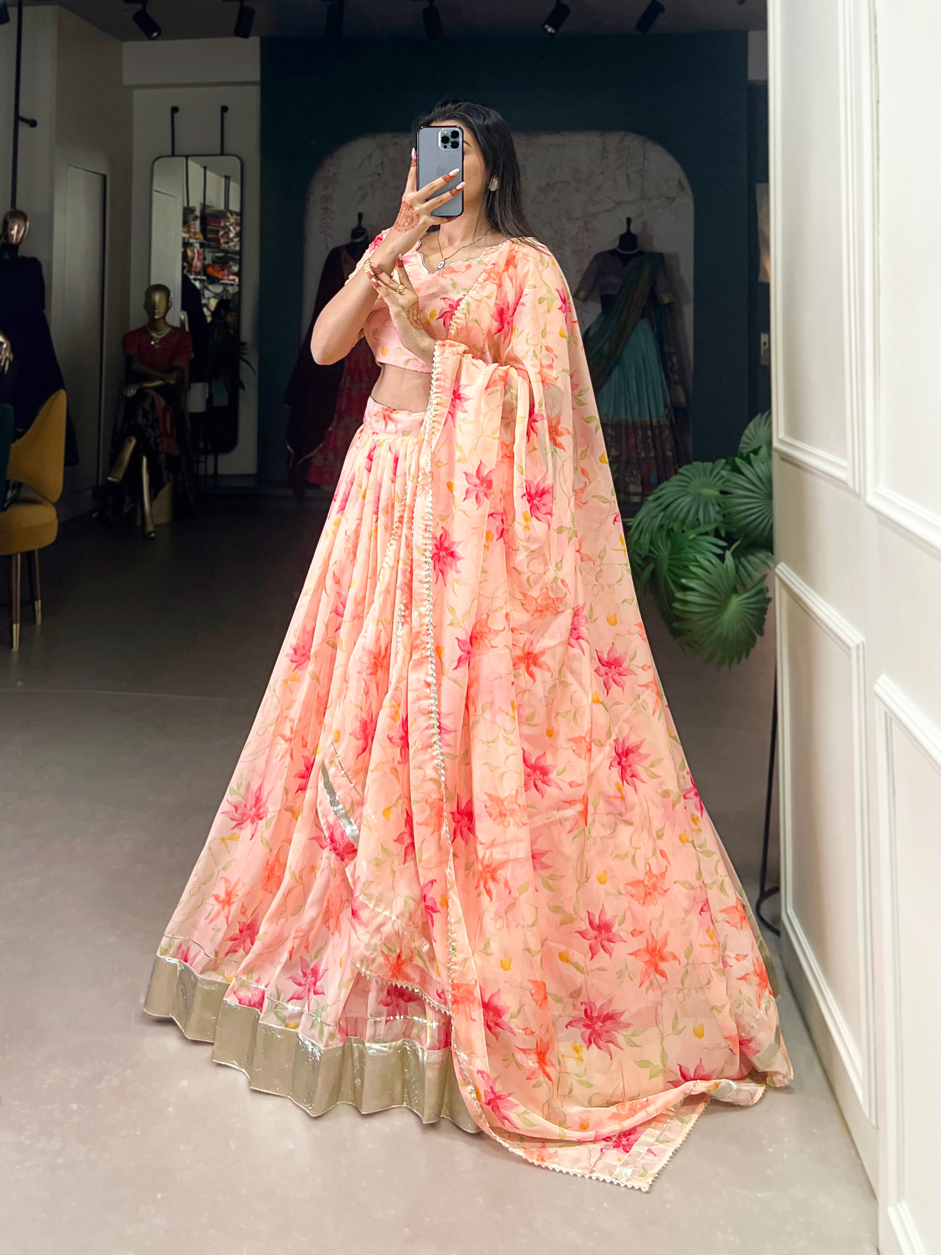 Floral Printed Tabby Silk Half Saree Bridesmaid Lehenga