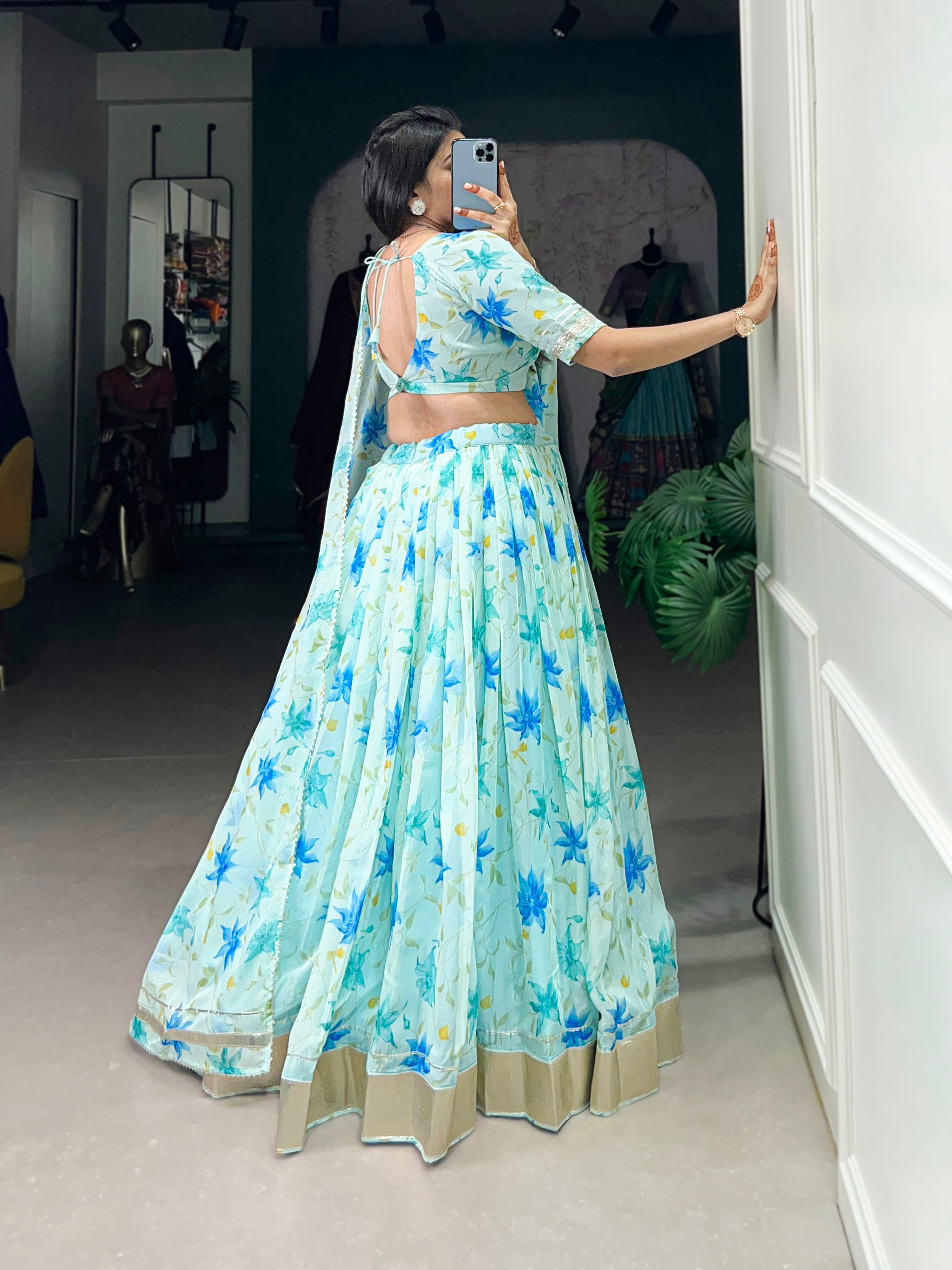 Floral Printed Tabby Silk Half Saree Bridesmaid Lehenga