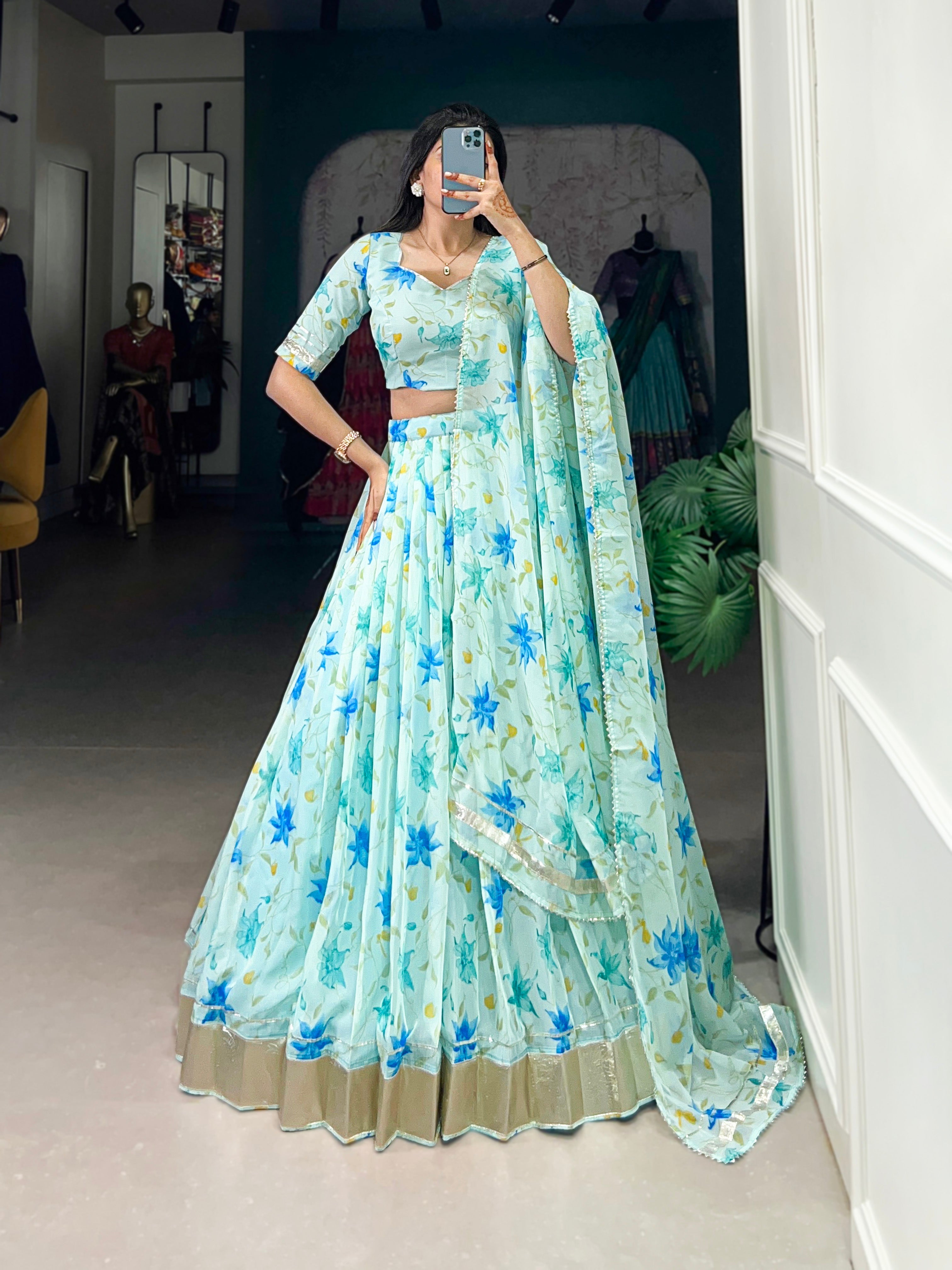 Floral Printed Tabby Silk Half Saree Bridesmaid Lehenga