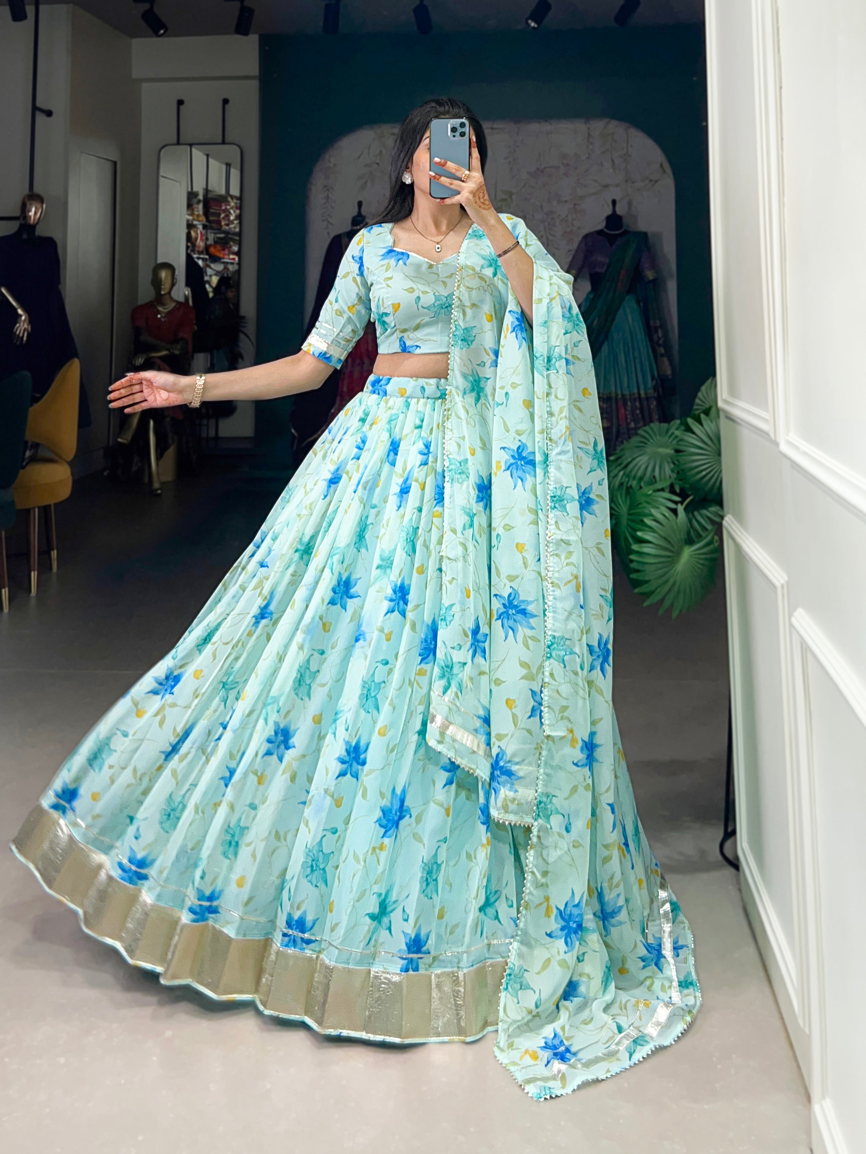 Floral Printed Tabby Silk Half Saree Bridesmaid Lehenga