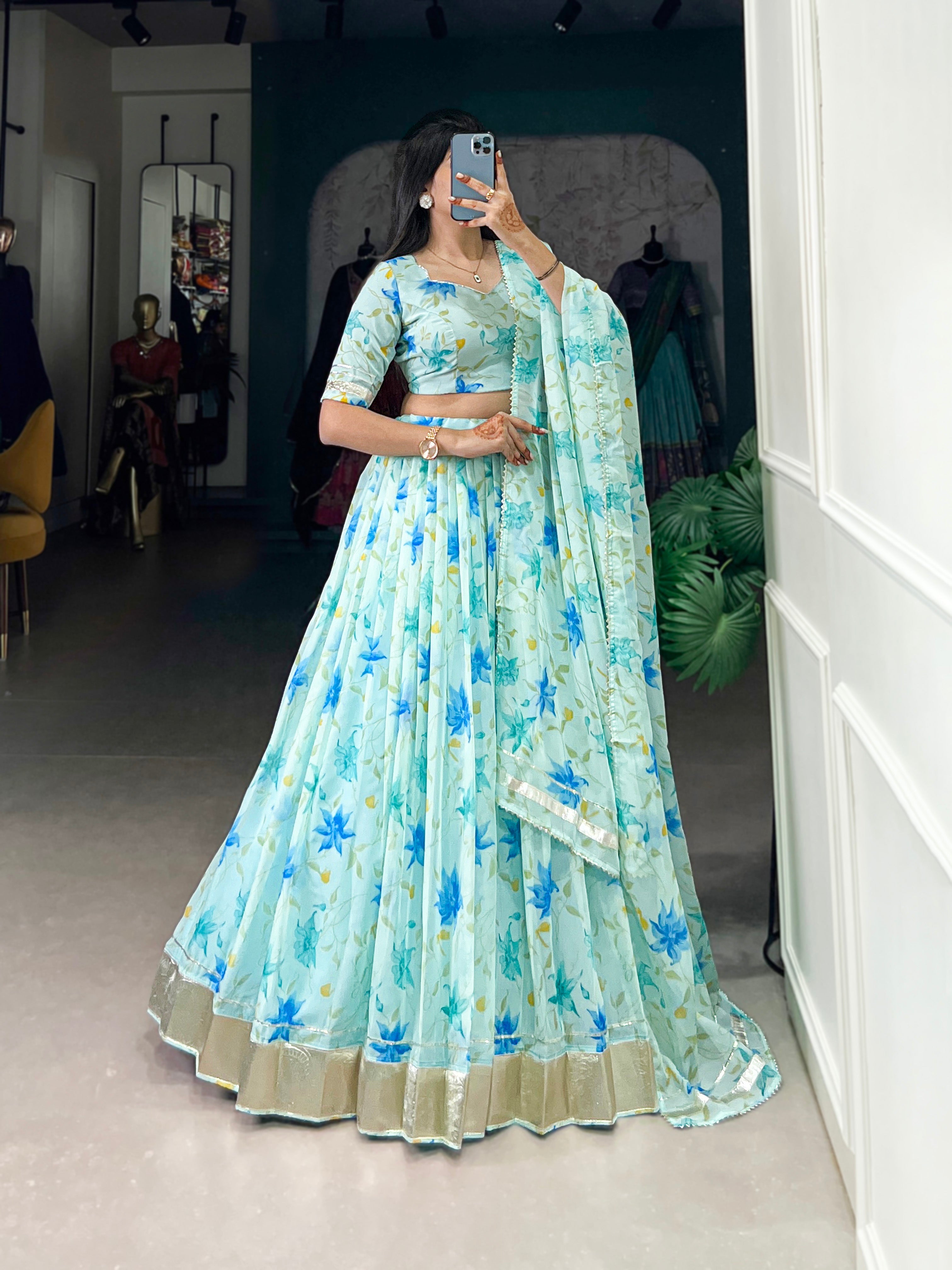 Floral Printed Tabby Silk Half Saree Bridesmaid Lehenga