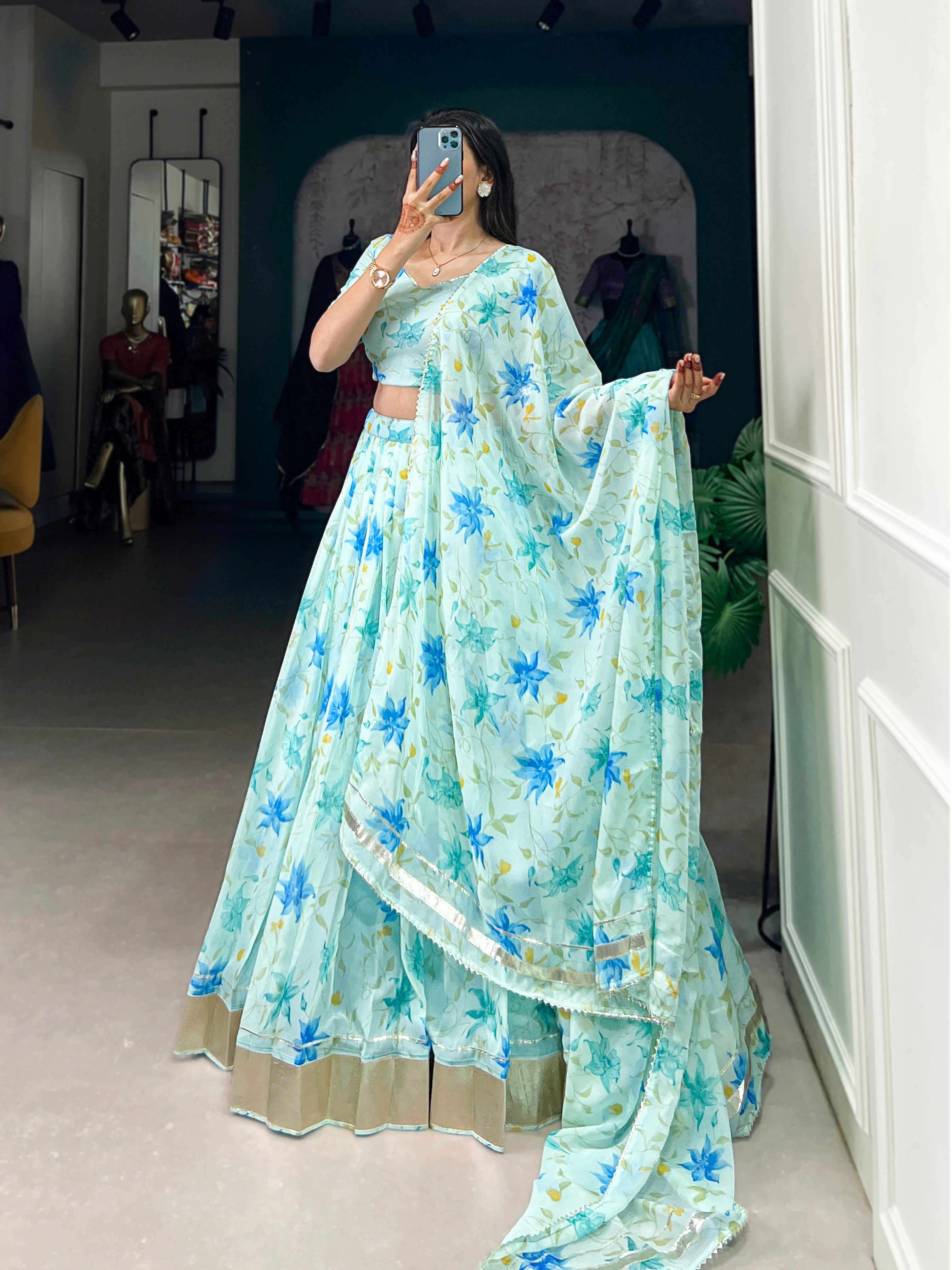 Floral Printed Tabby Silk Half Saree Bridesmaid Lehenga