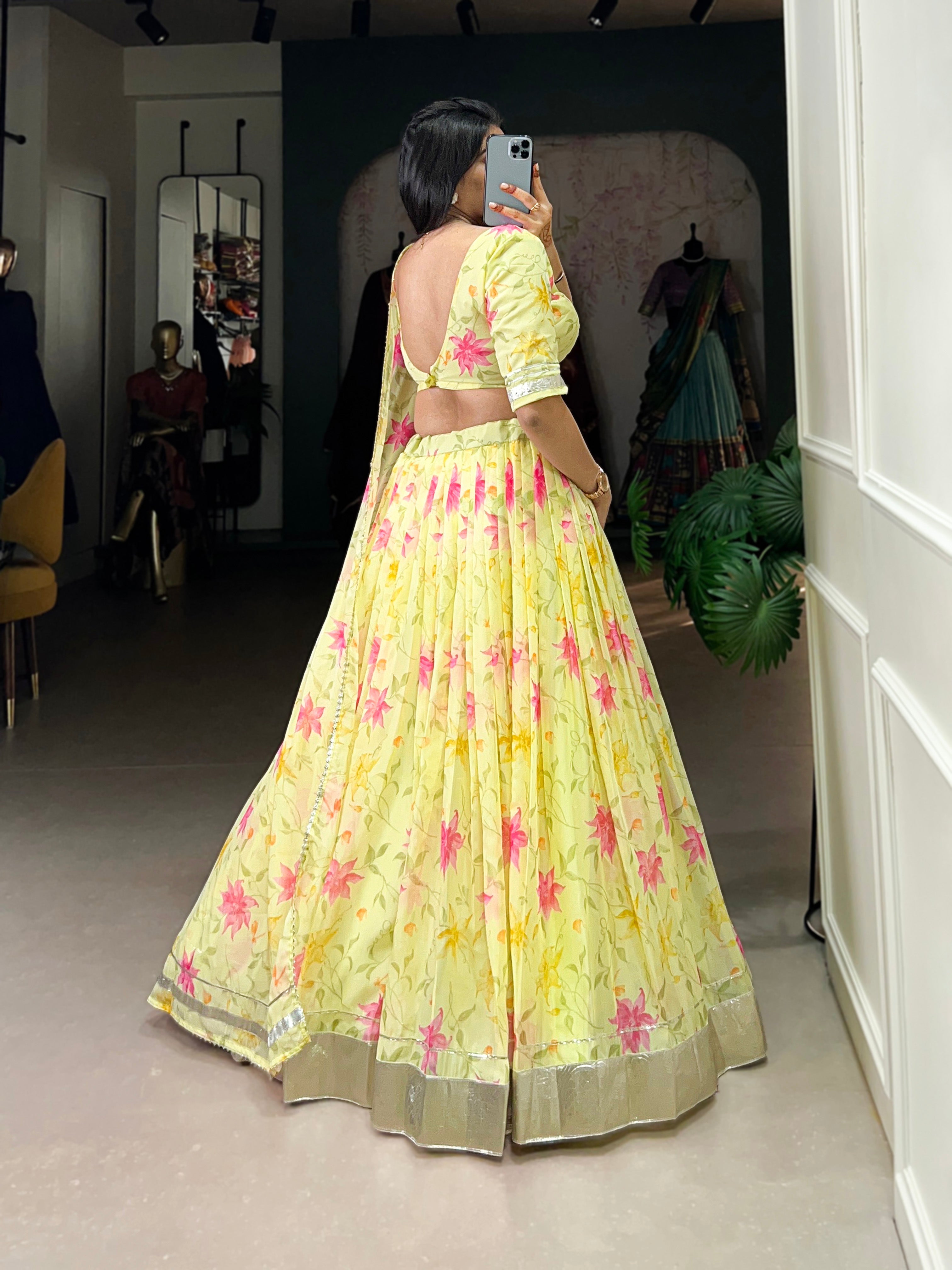 Floral Printed Tabby Silk Half Saree Bridesmaid Lehenga
