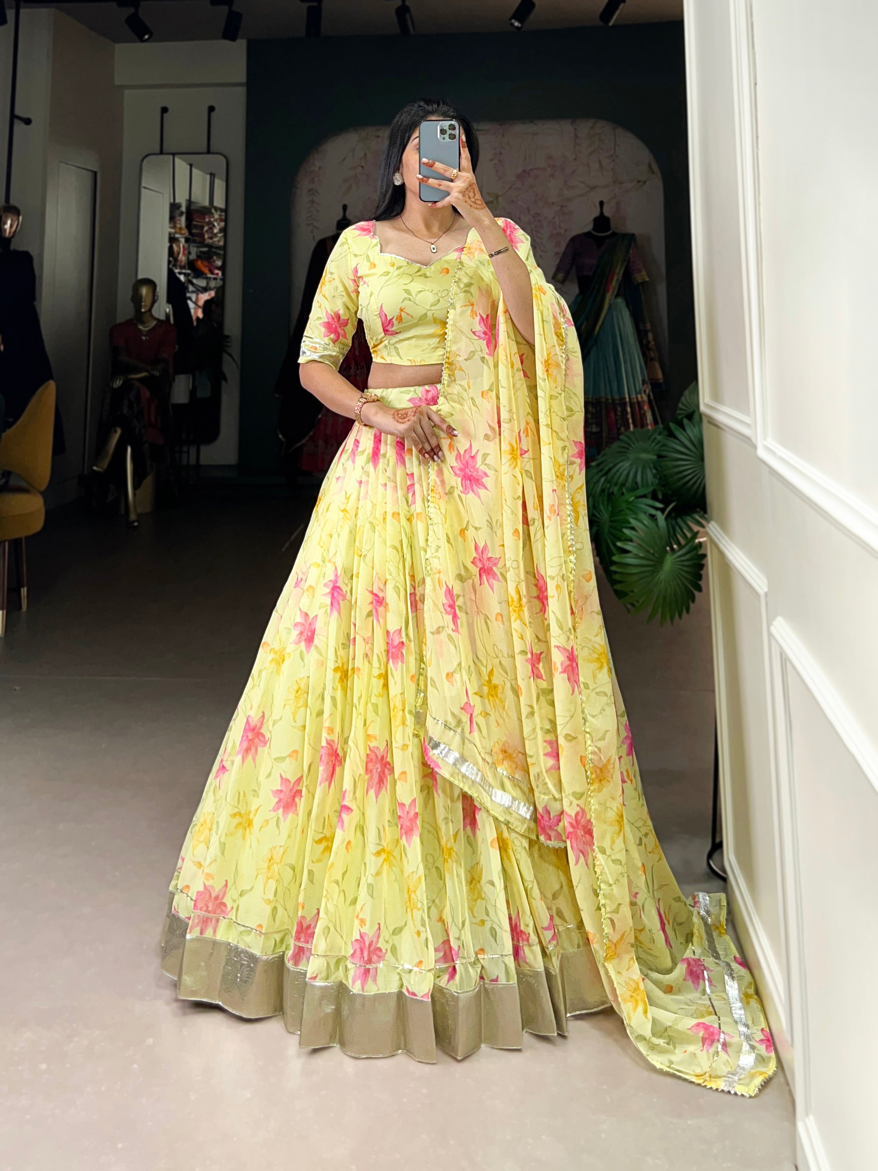 Floral Printed Tabby Silk Half Saree Bridesmaid Lehenga