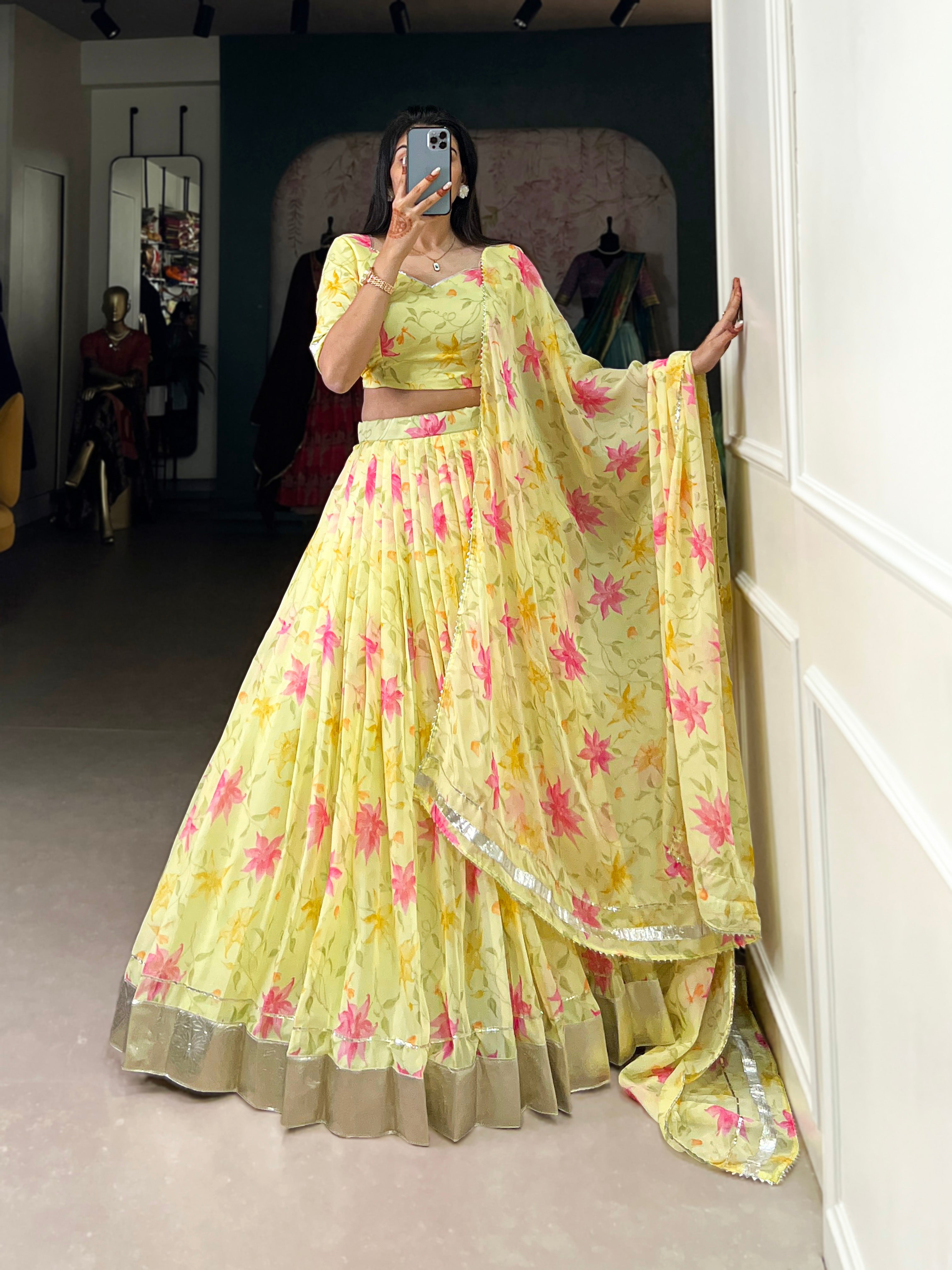 Floral Printed Tabby Silk Half Saree Bridesmaid Lehenga