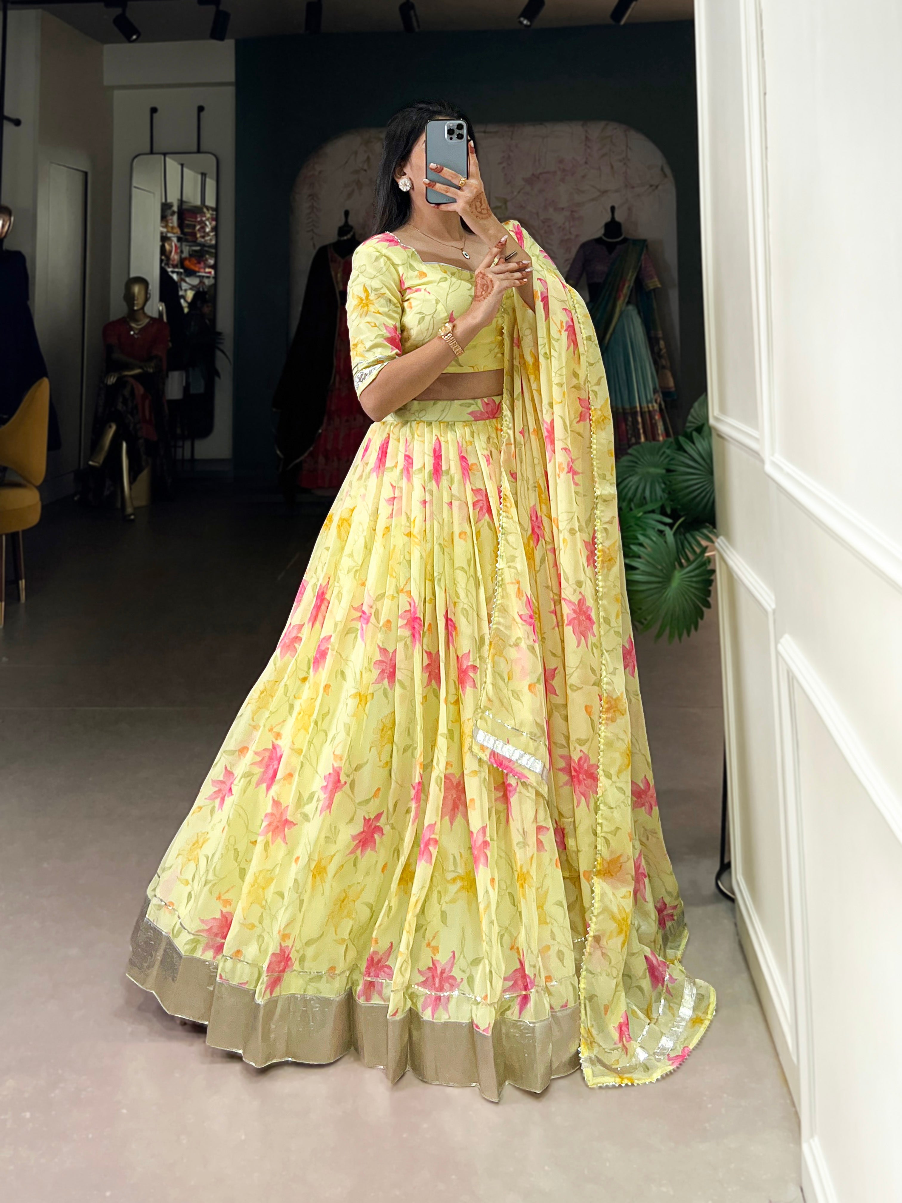Floral Printed Tabby Silk Half Saree Bridesmaid Lehenga