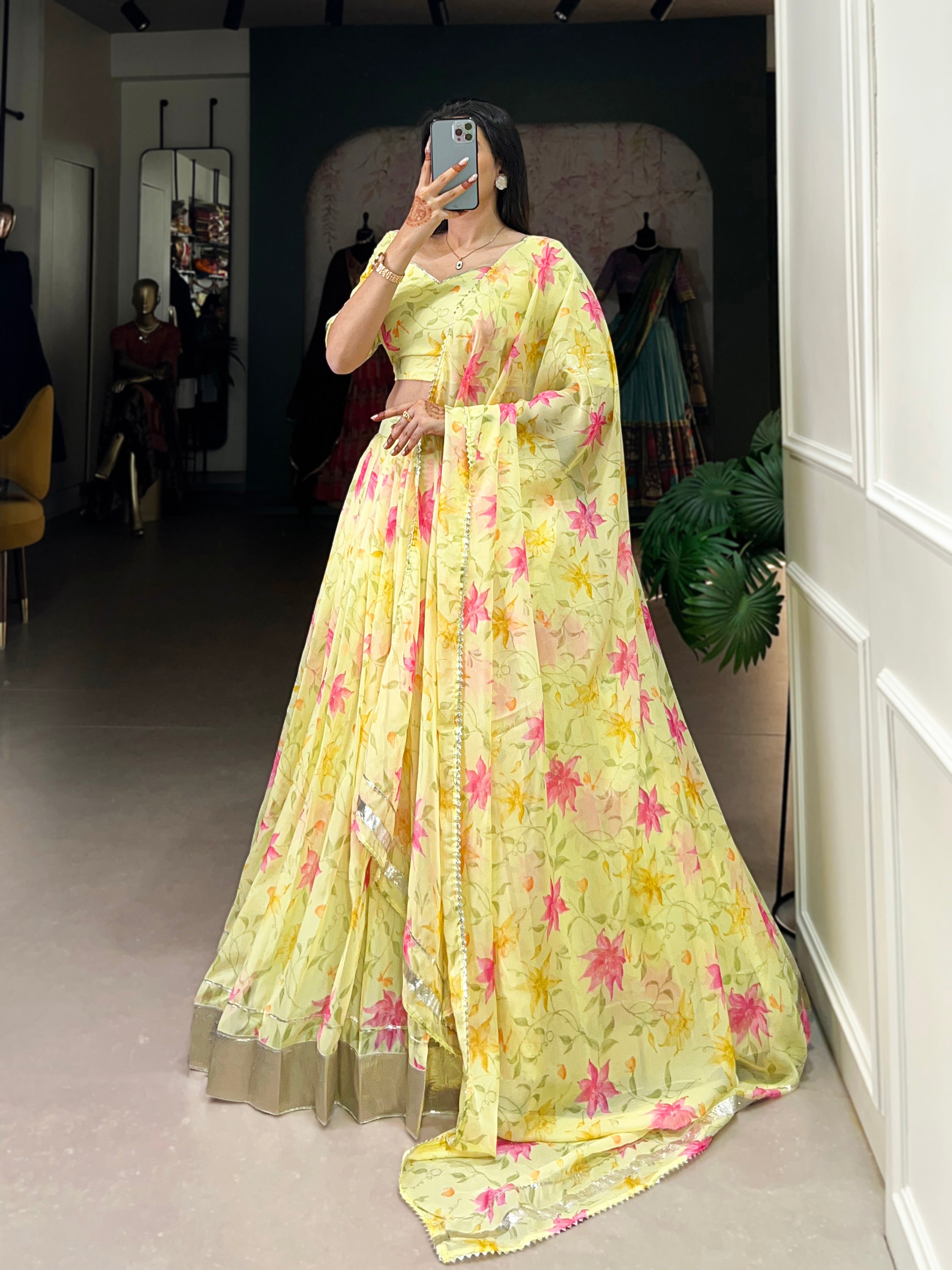 Floral Printed Tabby Silk Half Saree Bridesmaid Lehenga