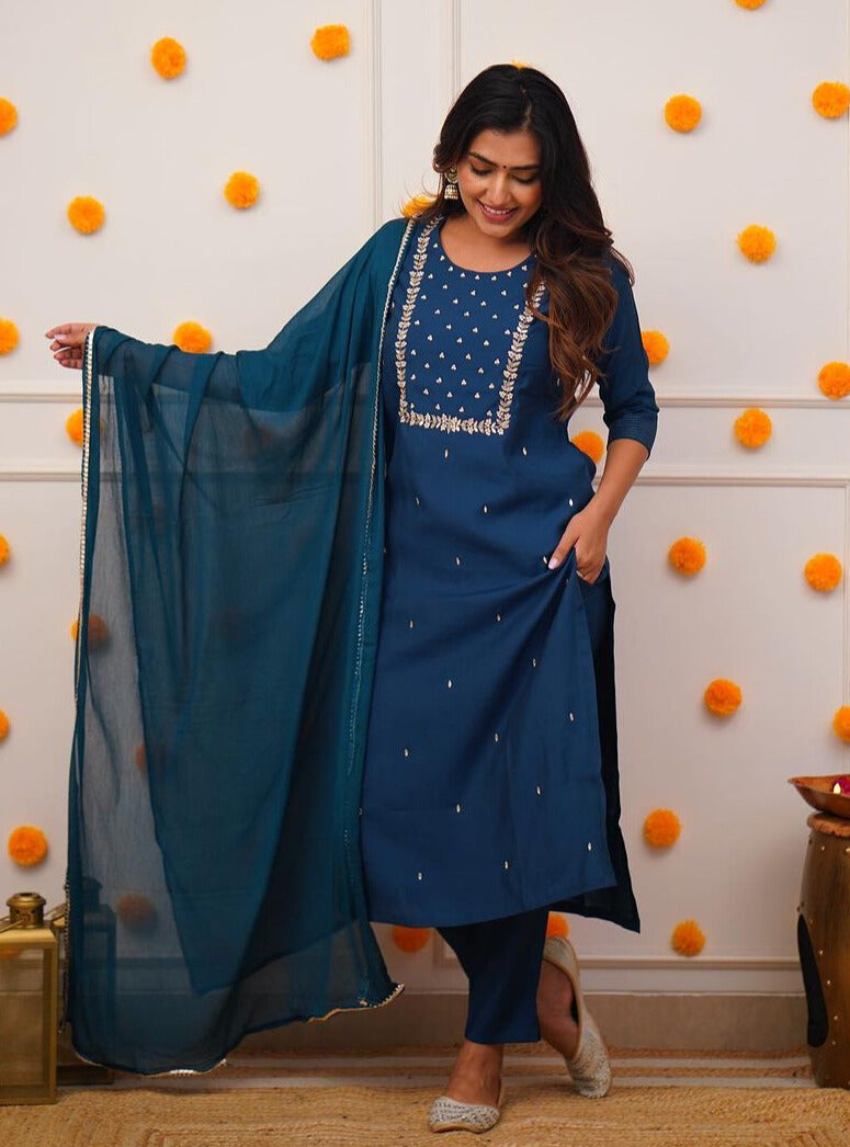 Women's Rayon slub Embroidered Straight Kurta with Rayon slub Pant & Chinnon Dupatta Set