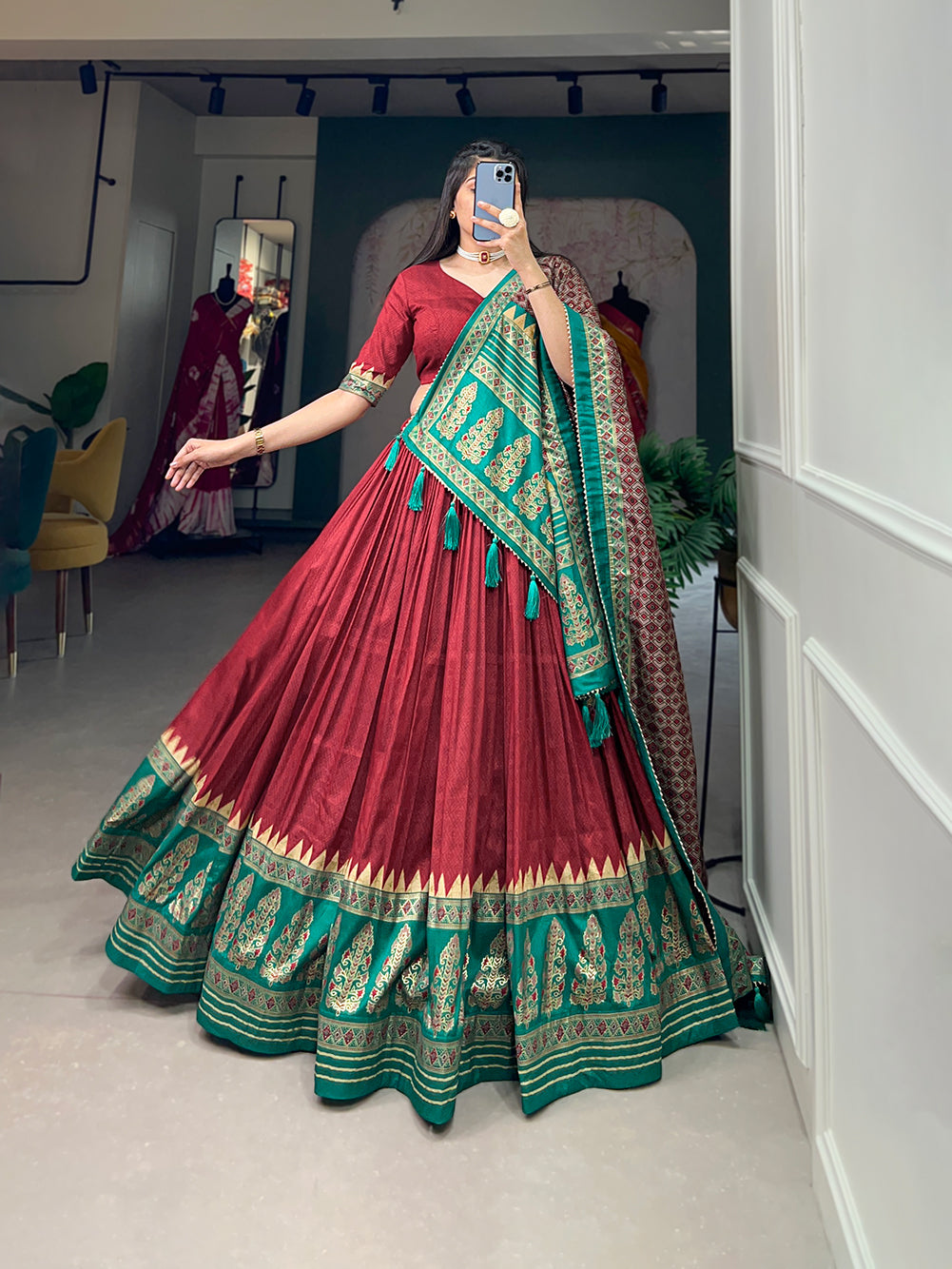 Red Color Print With Foil Work Tussar Silk Traditional Lehenga Choli