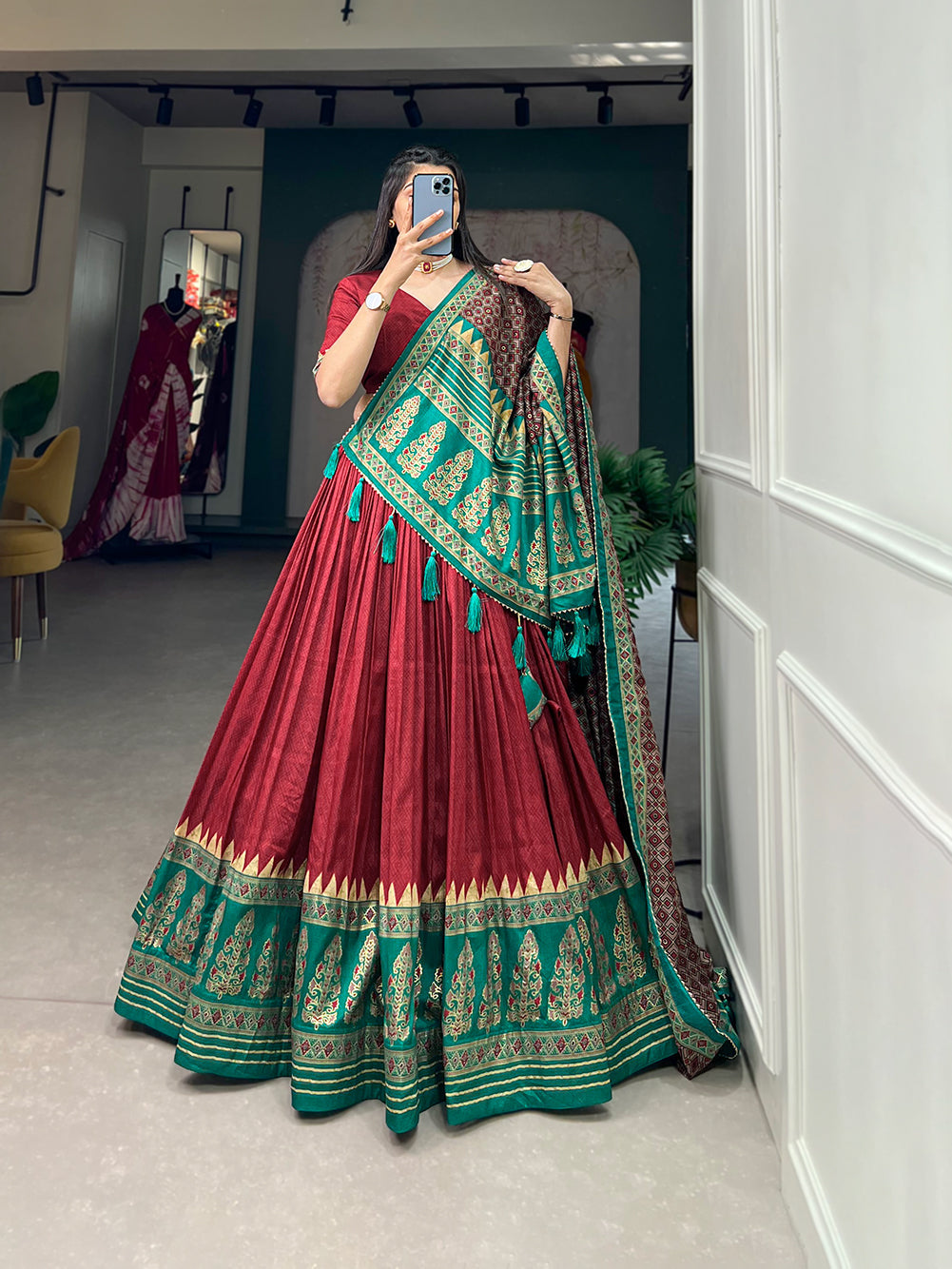 Red Color Print With Foil Work Tussar Silk Traditional Lehenga Choli