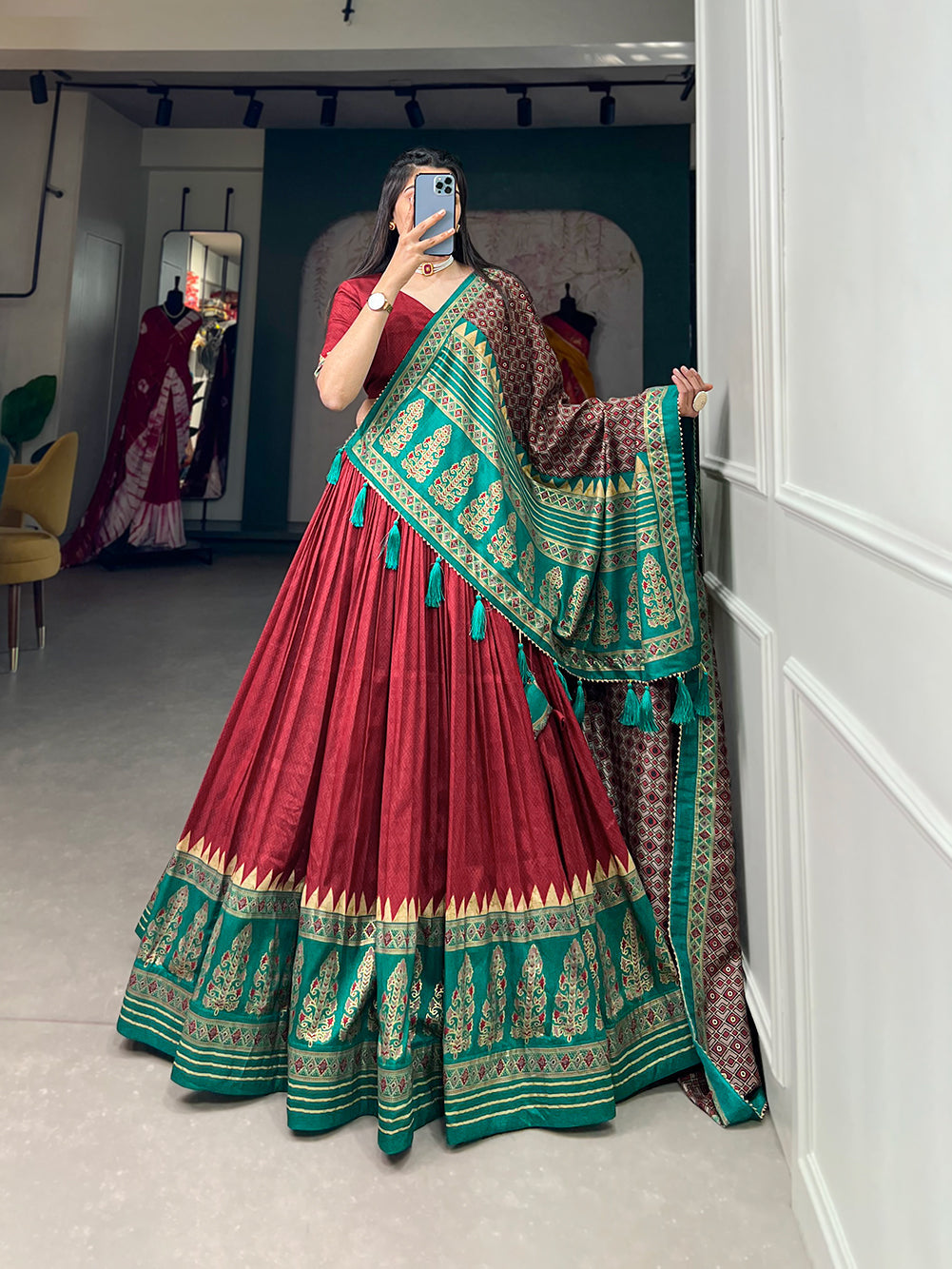 Red Color Print With Foil Work Tussar Silk Traditional Lehenga Choli