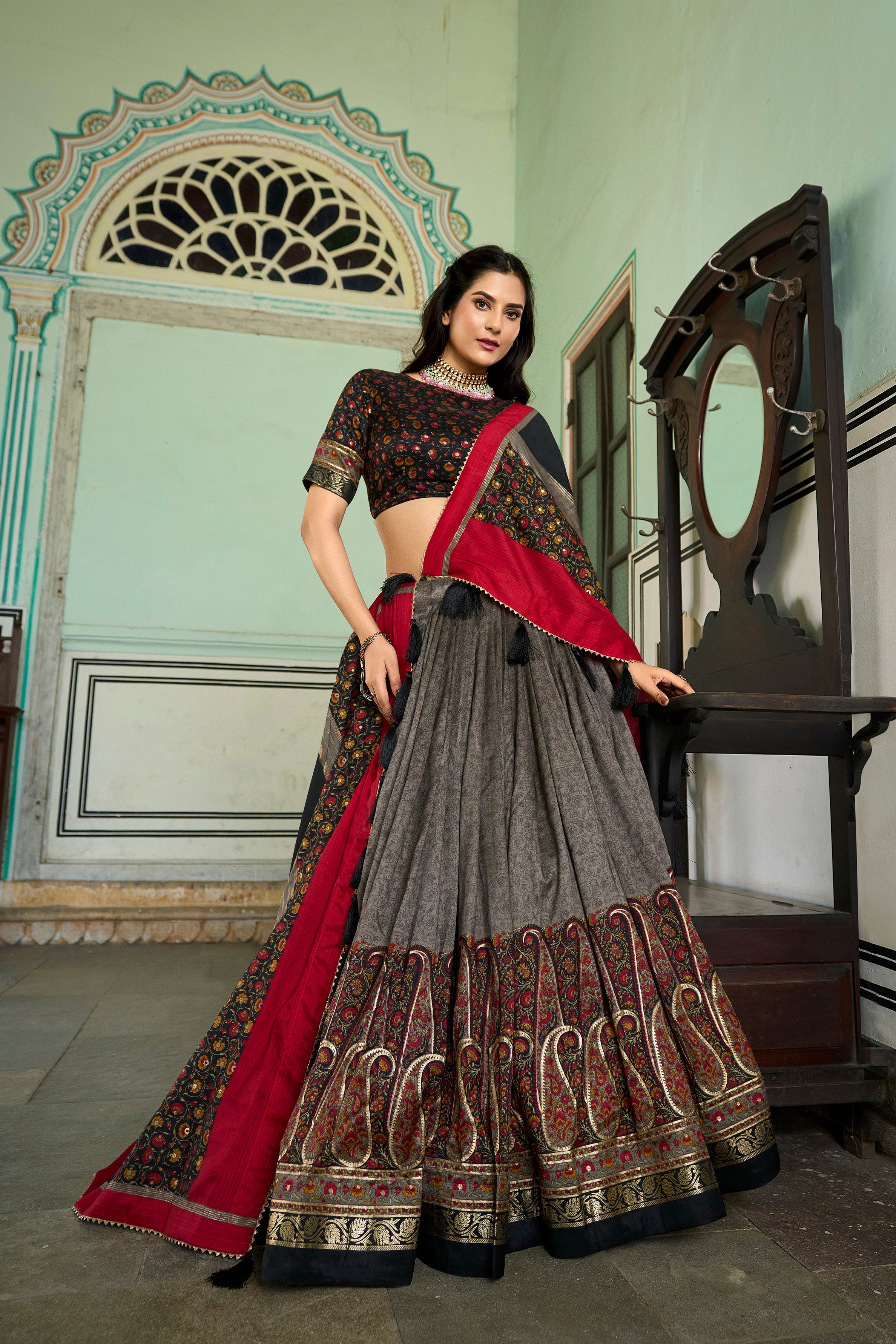 Grey Tussar Silk Kashmiri With Foil Print Stitched Lehenga With Unstitched Blouse With Dupatta