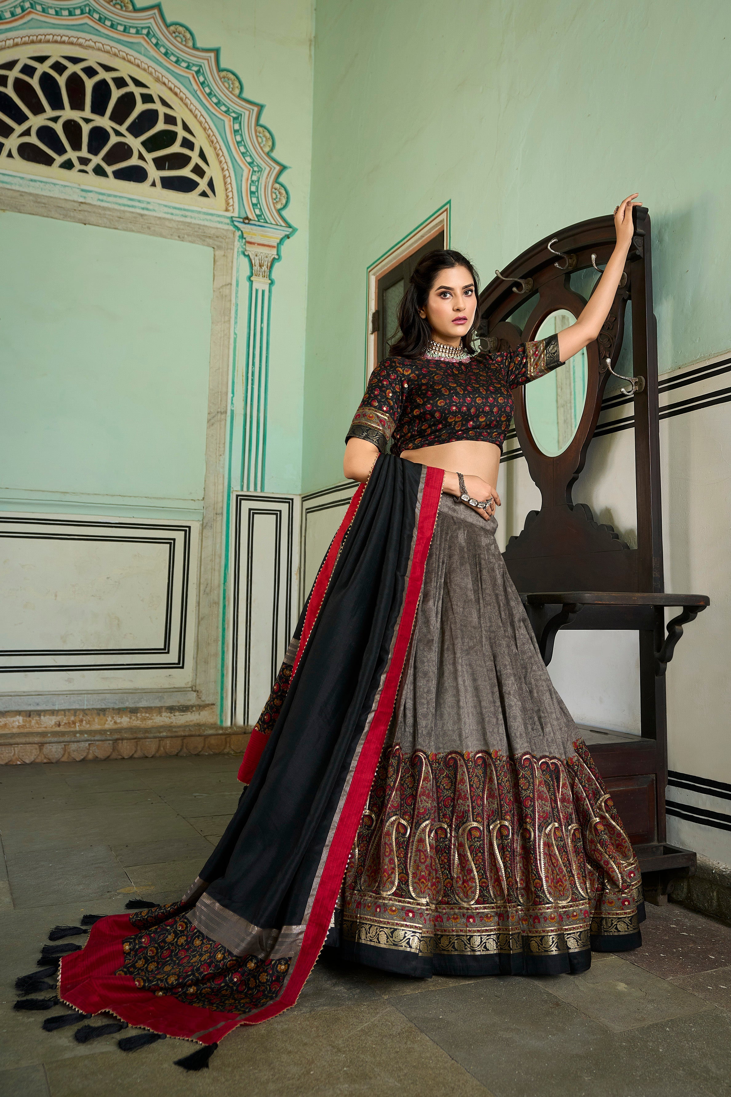 Grey Tussar Silk Kashmiri With Foil Print Stitched Lehenga With Unstitched Blouse With Dupatta