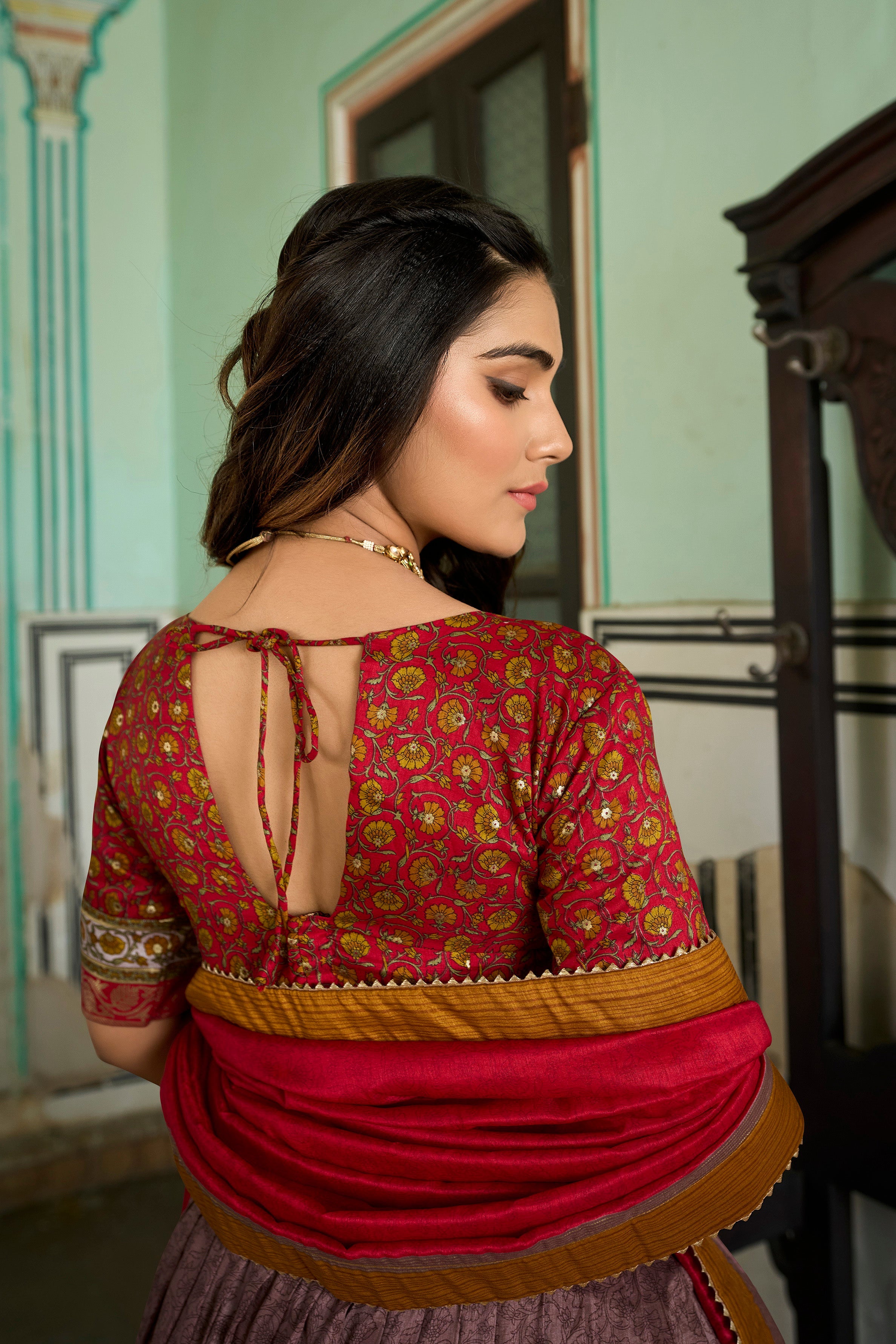 Red Tussar Silk Kashmiri With Foil Print Stitched Lehenga With Unstitched Blouse With Dupatta