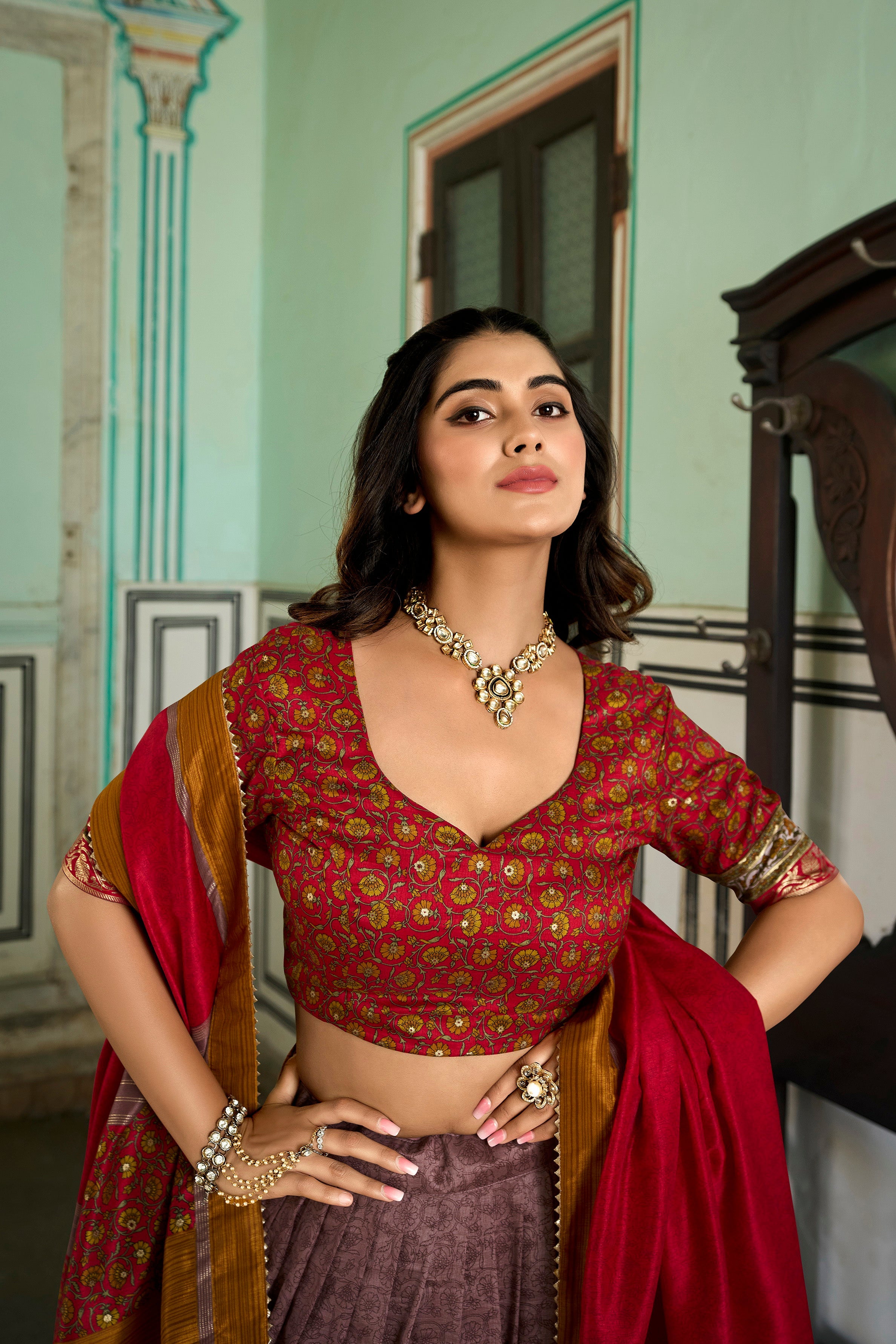 Red Tussar Silk Kashmiri With Foil Print Stitched Lehenga With Unstitched Blouse With Dupatta