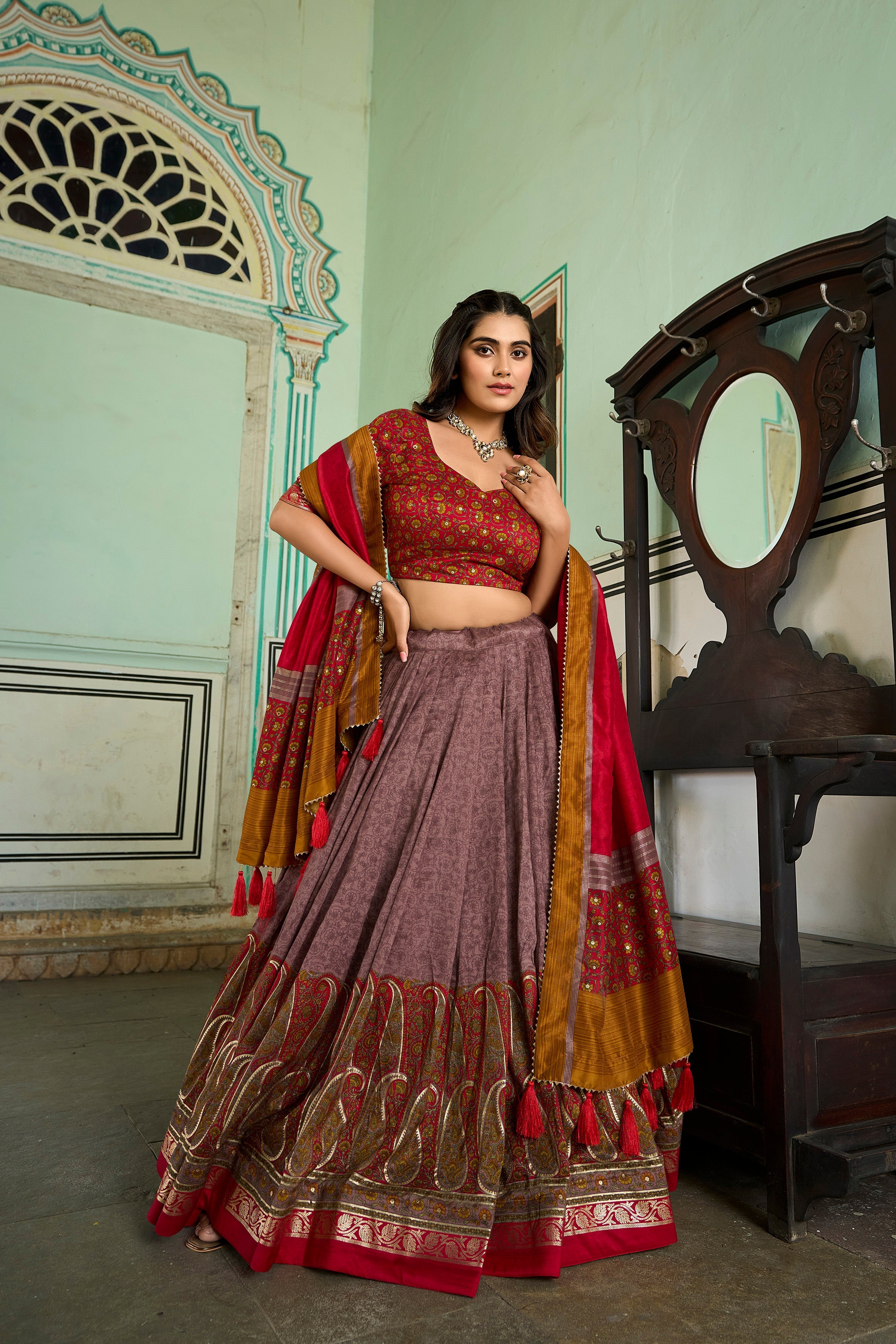 Red Tussar Silk Kashmiri With Foil Print Stitched Lehenga With Unstitched Blouse With Dupatta