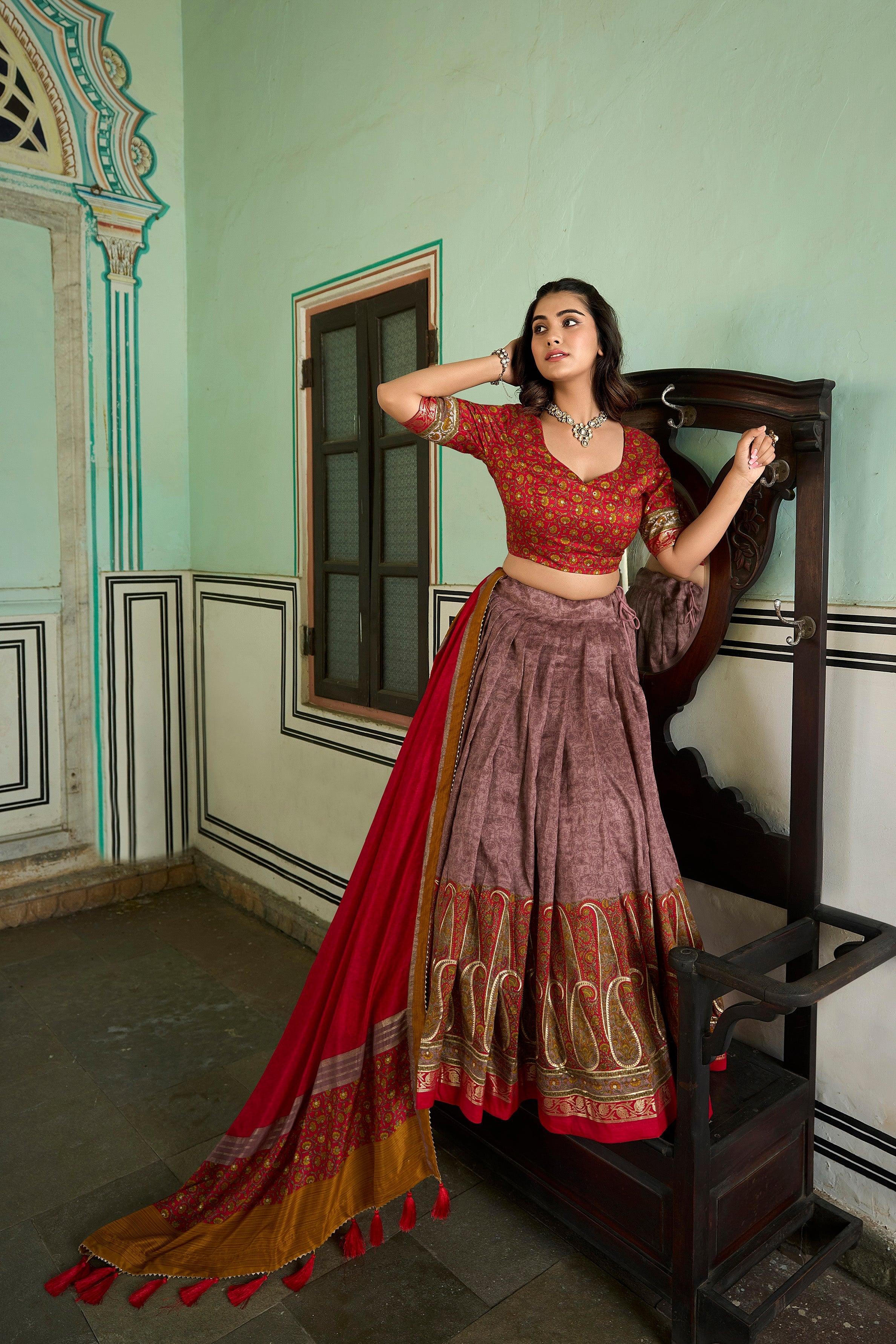 Red Tussar Silk Kashmiri With Foil Print Stitched Lehenga With Unstitched Blouse With Dupatta