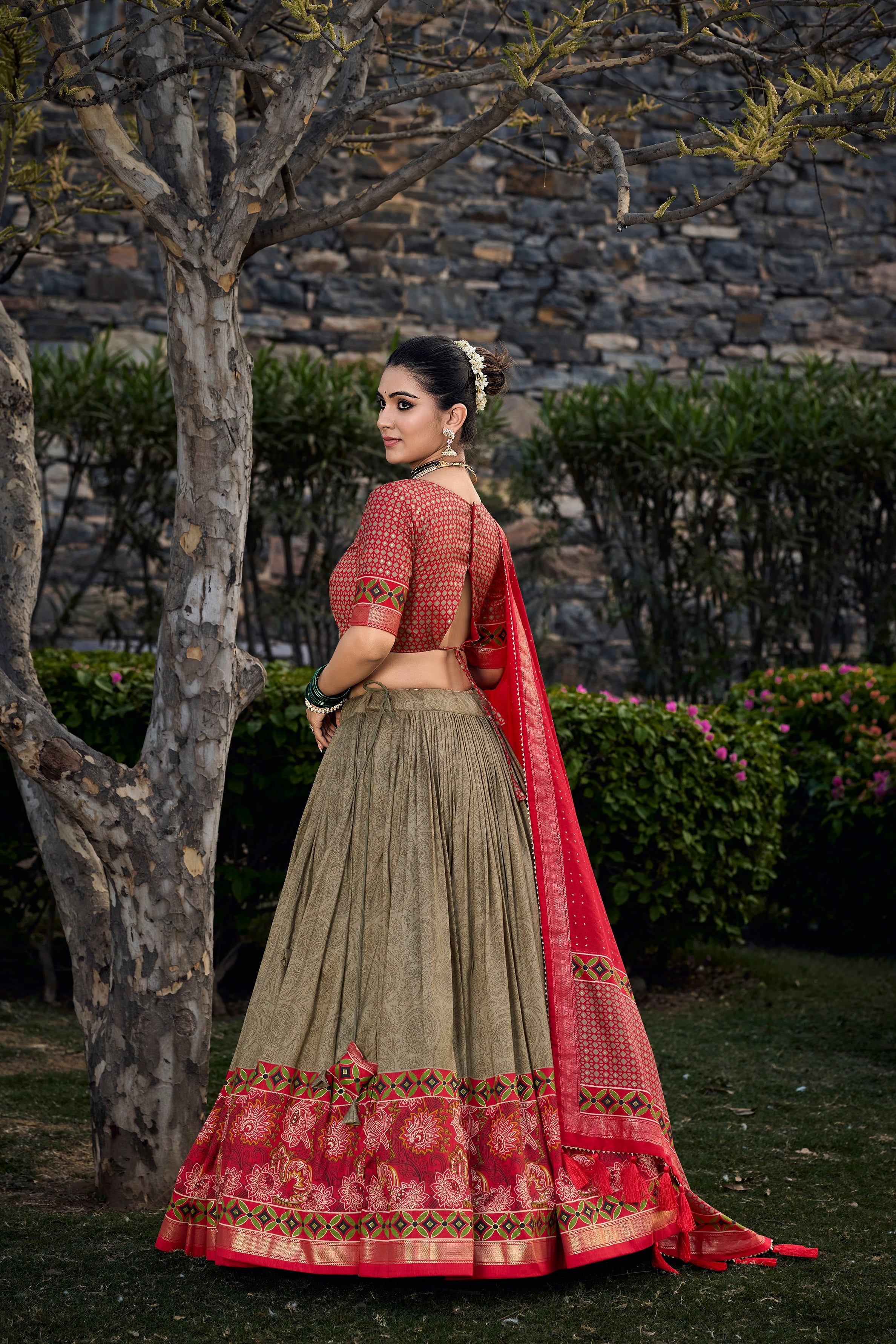 Mehendi Tussar Silk Floral Print Lehenga Choli Set