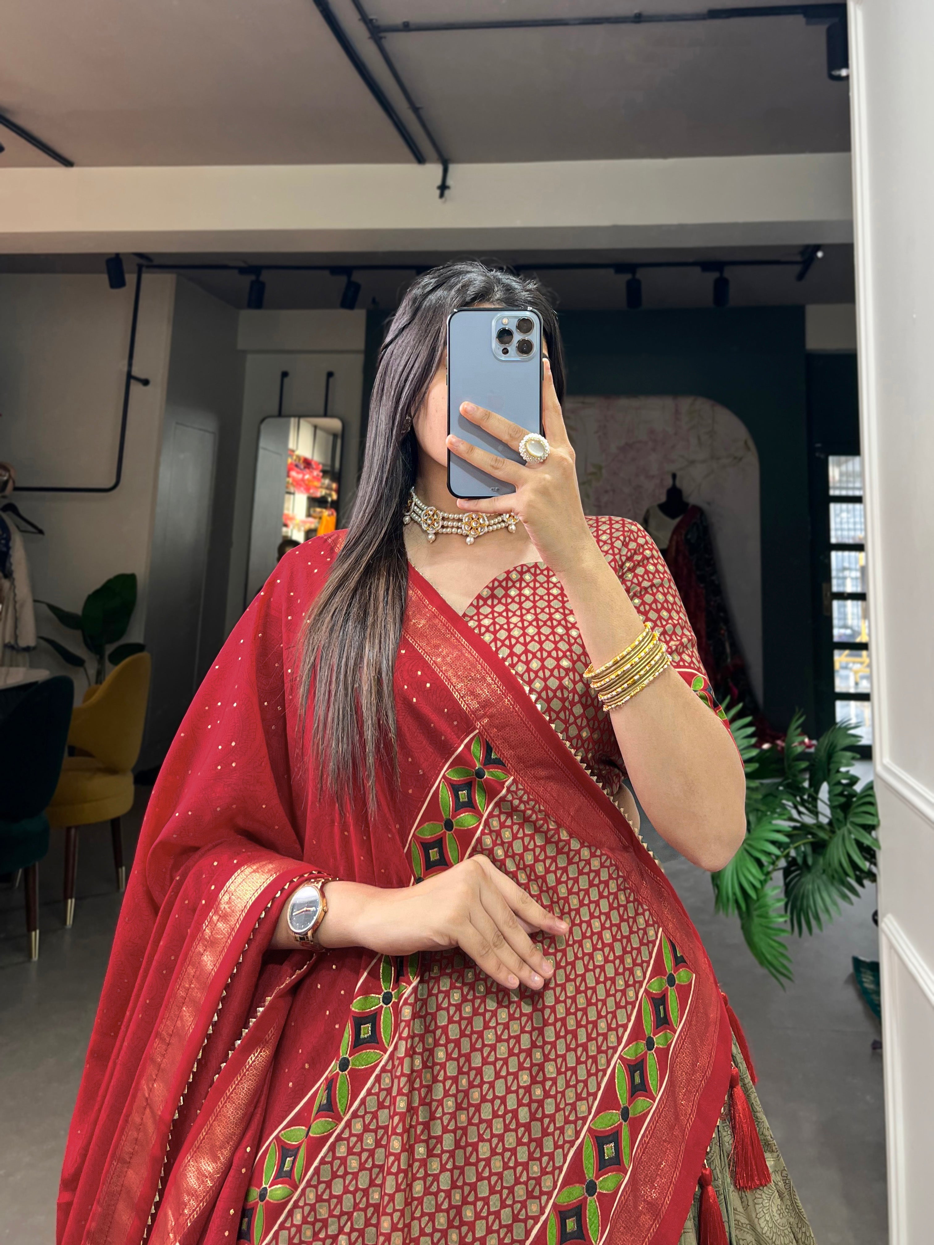Mehendi Tussar Silk Floral Print Lehenga Choli Set