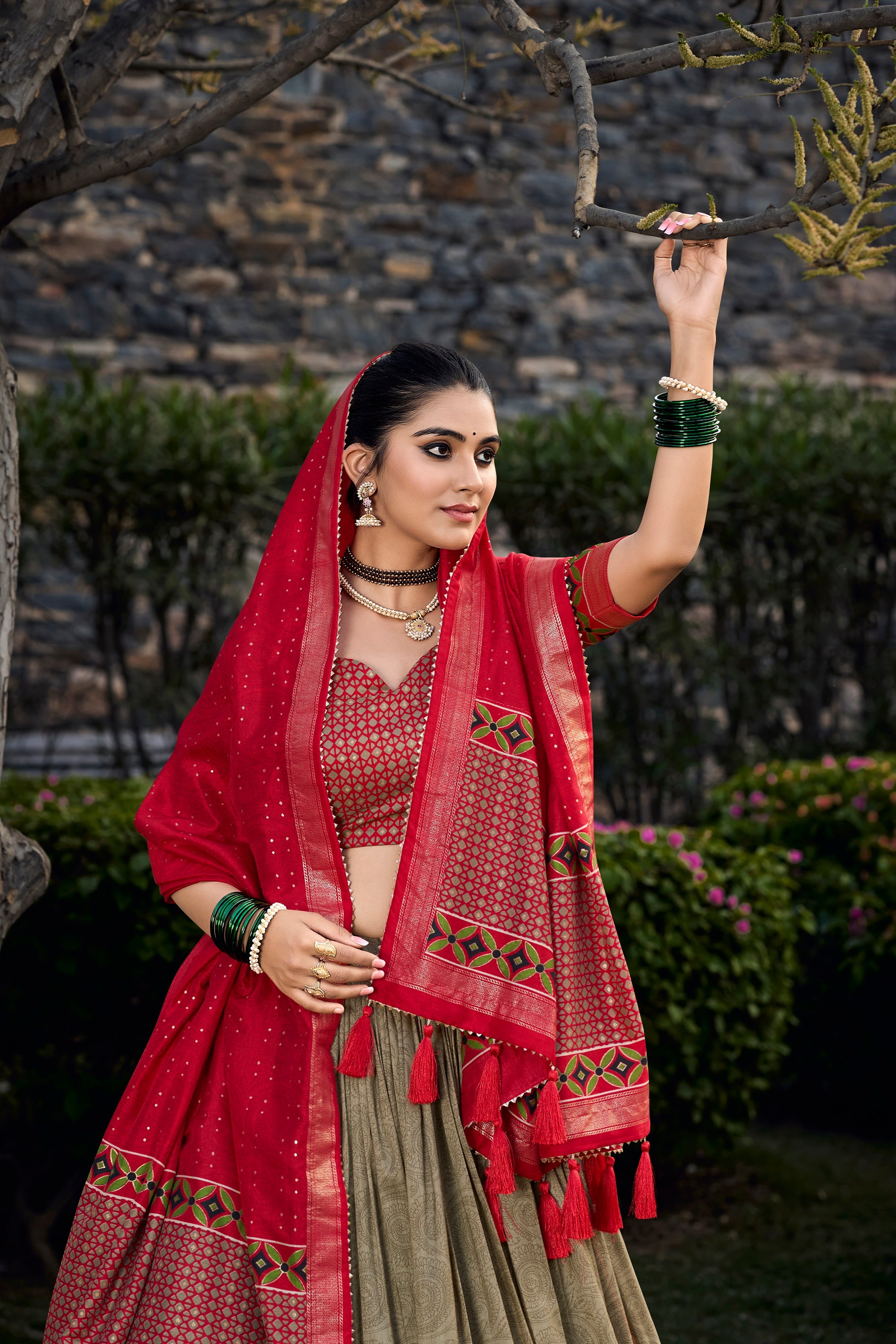 Mehendi Tussar Silk Floral Print Lehenga Choli Set