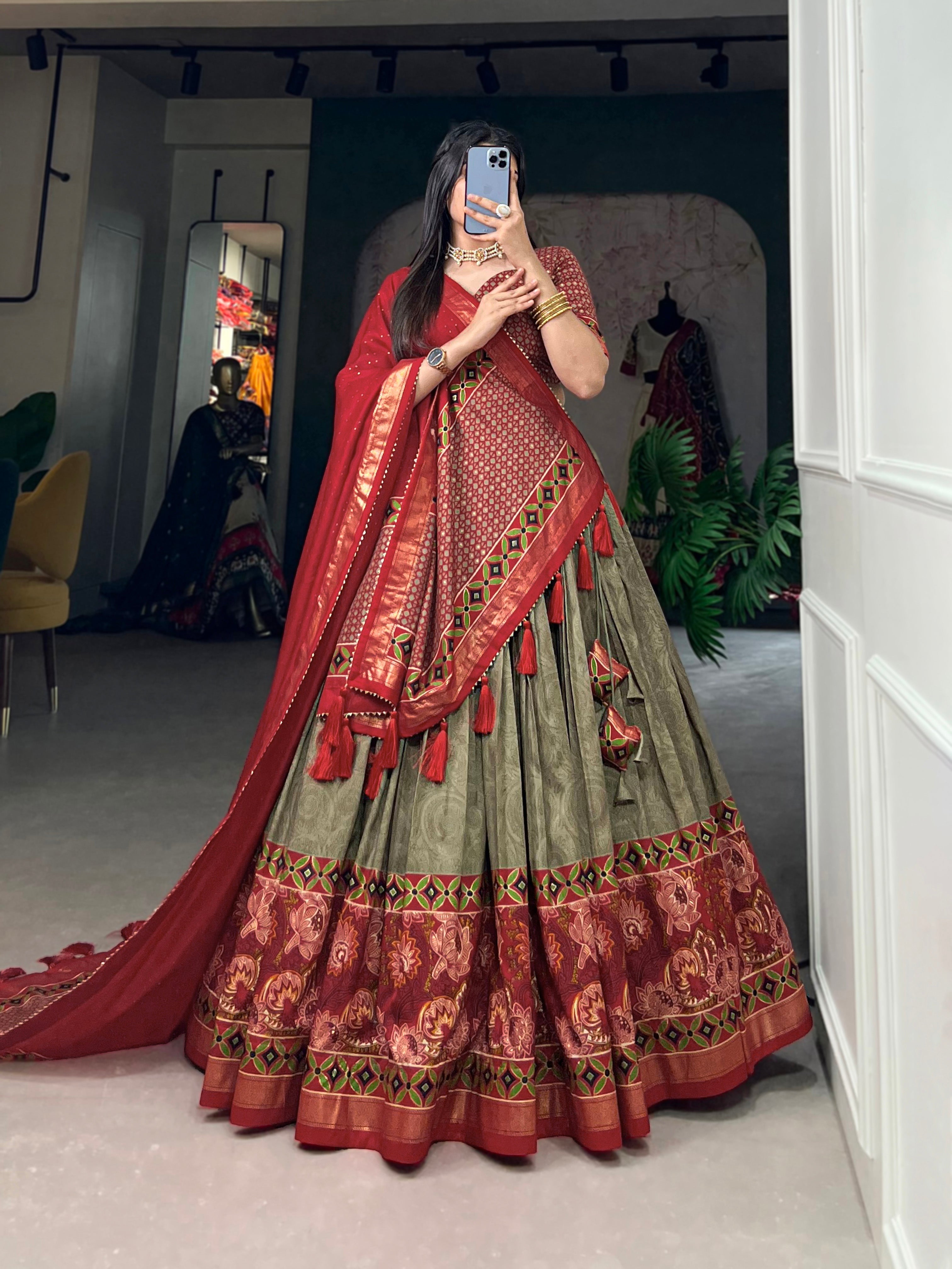 Mehendi Tussar Silk Floral Print Lehenga Choli Set