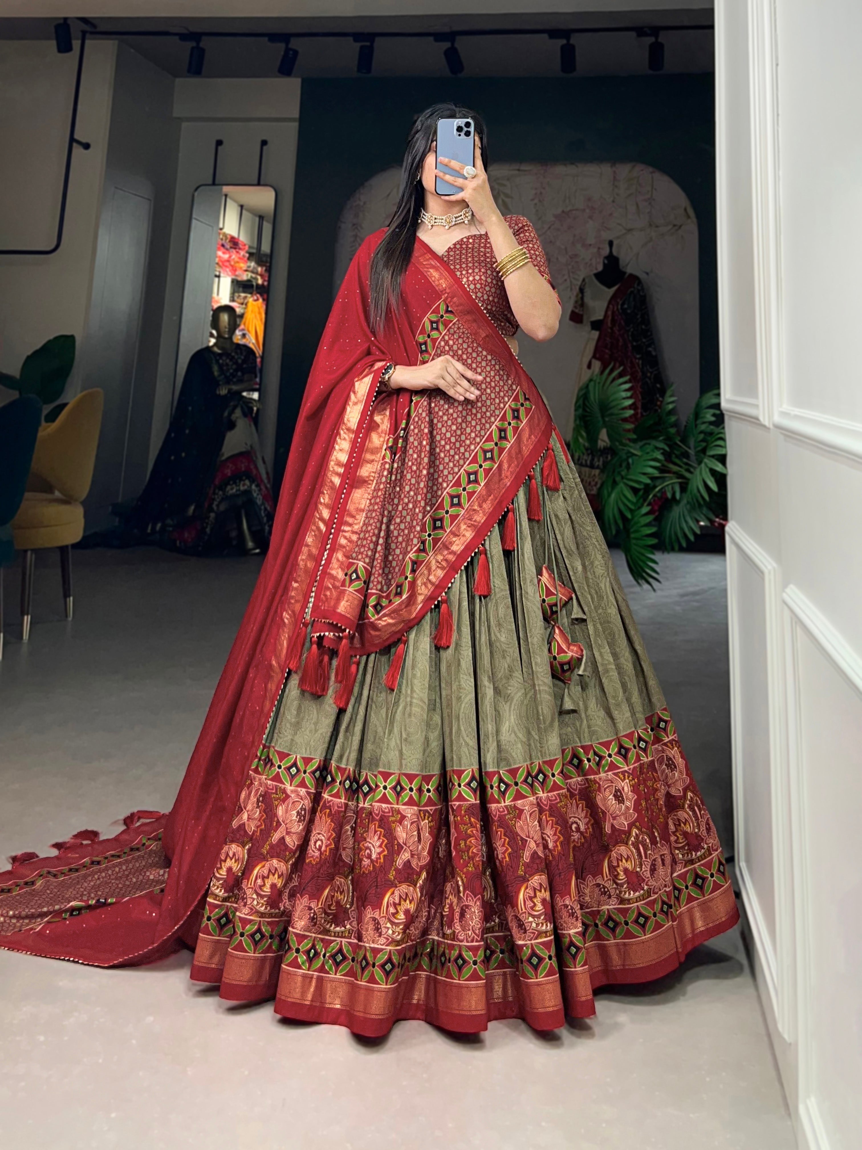 Mehendi Tussar Silk Floral Print Lehenga Choli Set