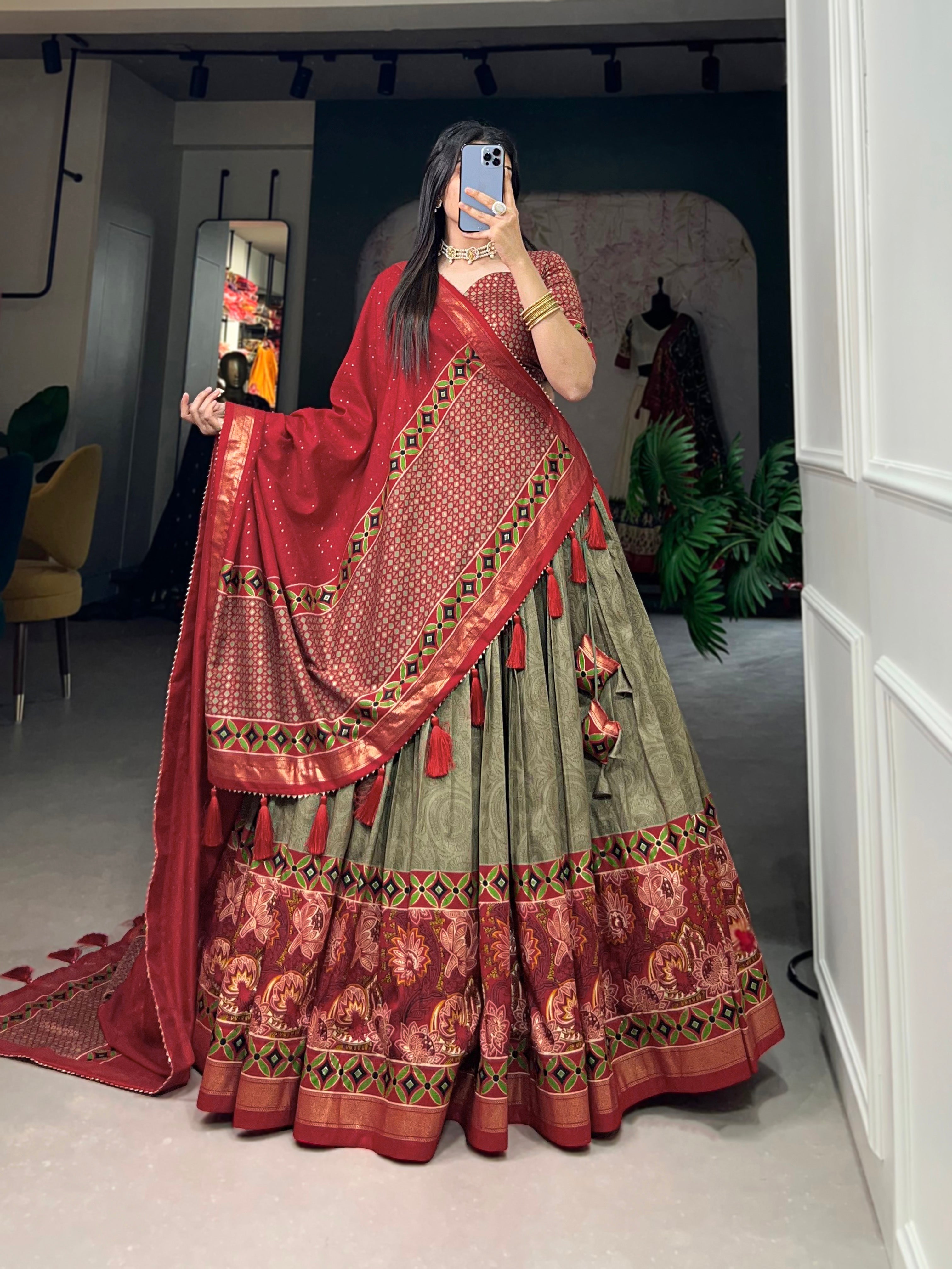 Mehendi Tussar Silk Floral Print Lehenga Choli Set