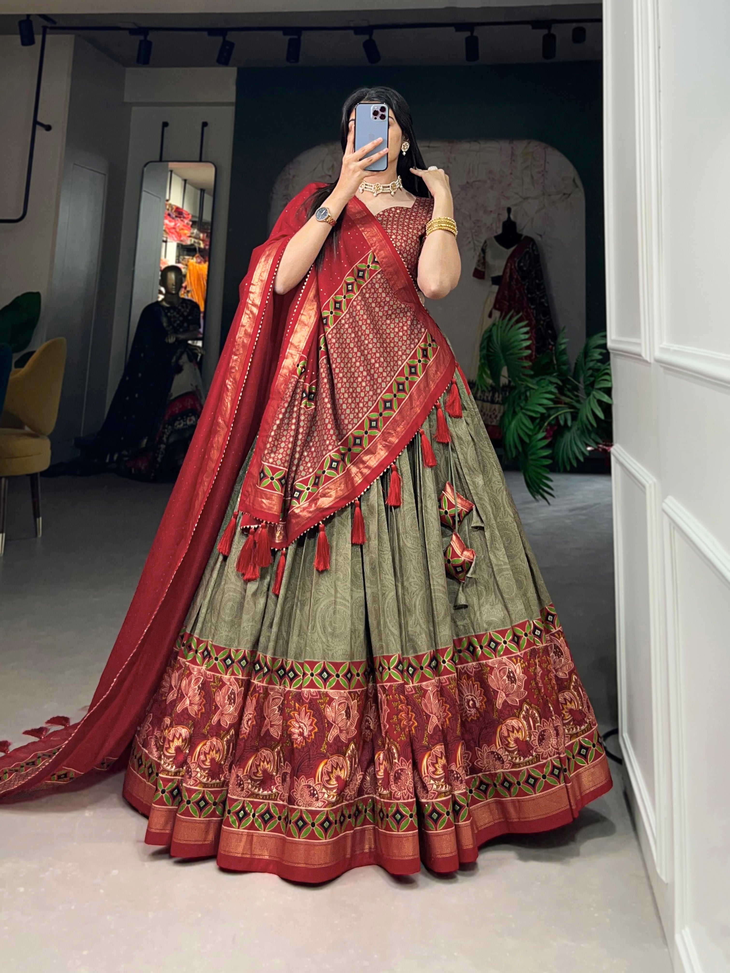 Mehendi Tussar Silk Floral Print Lehenga Choli Set